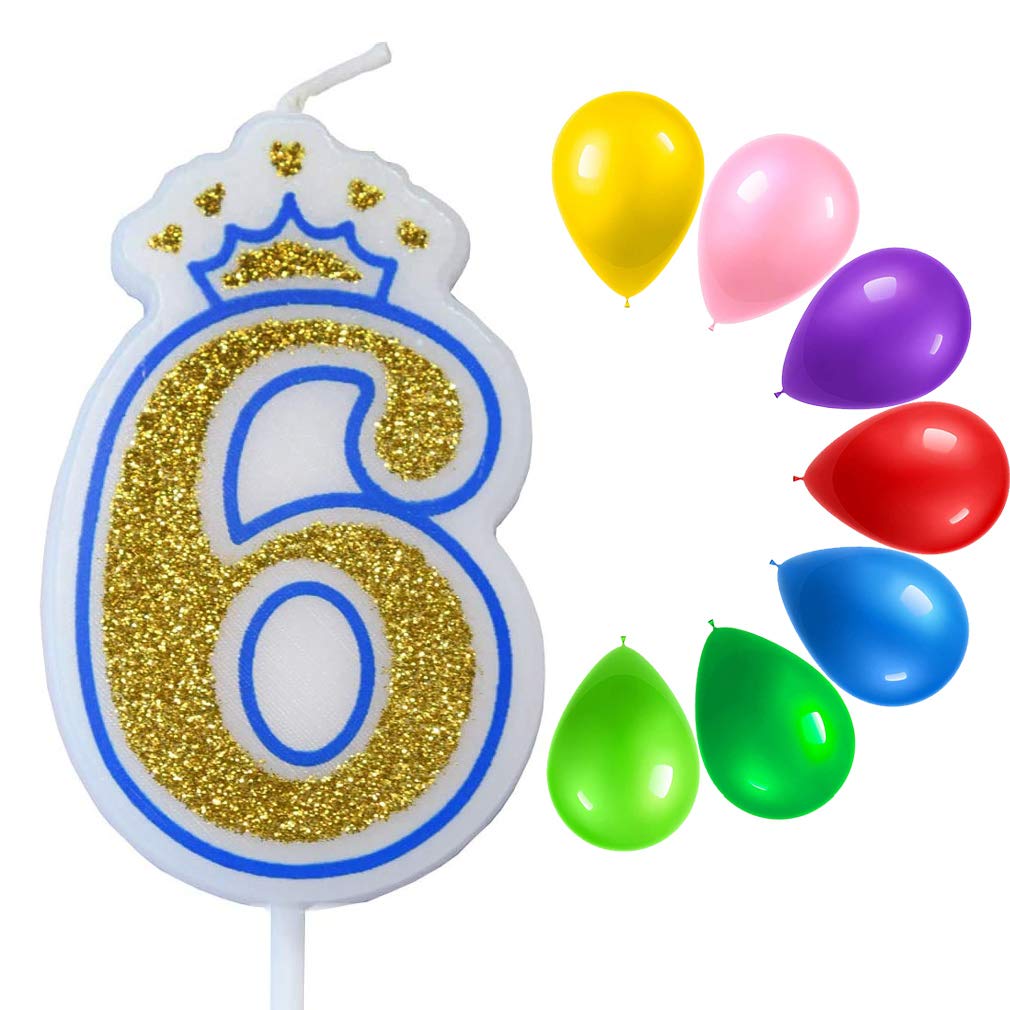 6 Inch Glitter Birthday Candles for Cake Topper - Colorful Balloon Themed Number 6 Candles for Kids, Boys, Girls & Adults Birthday Party Decorations | Perfect for Cake Decorating, Anniversary Celebrations & Special Occasions