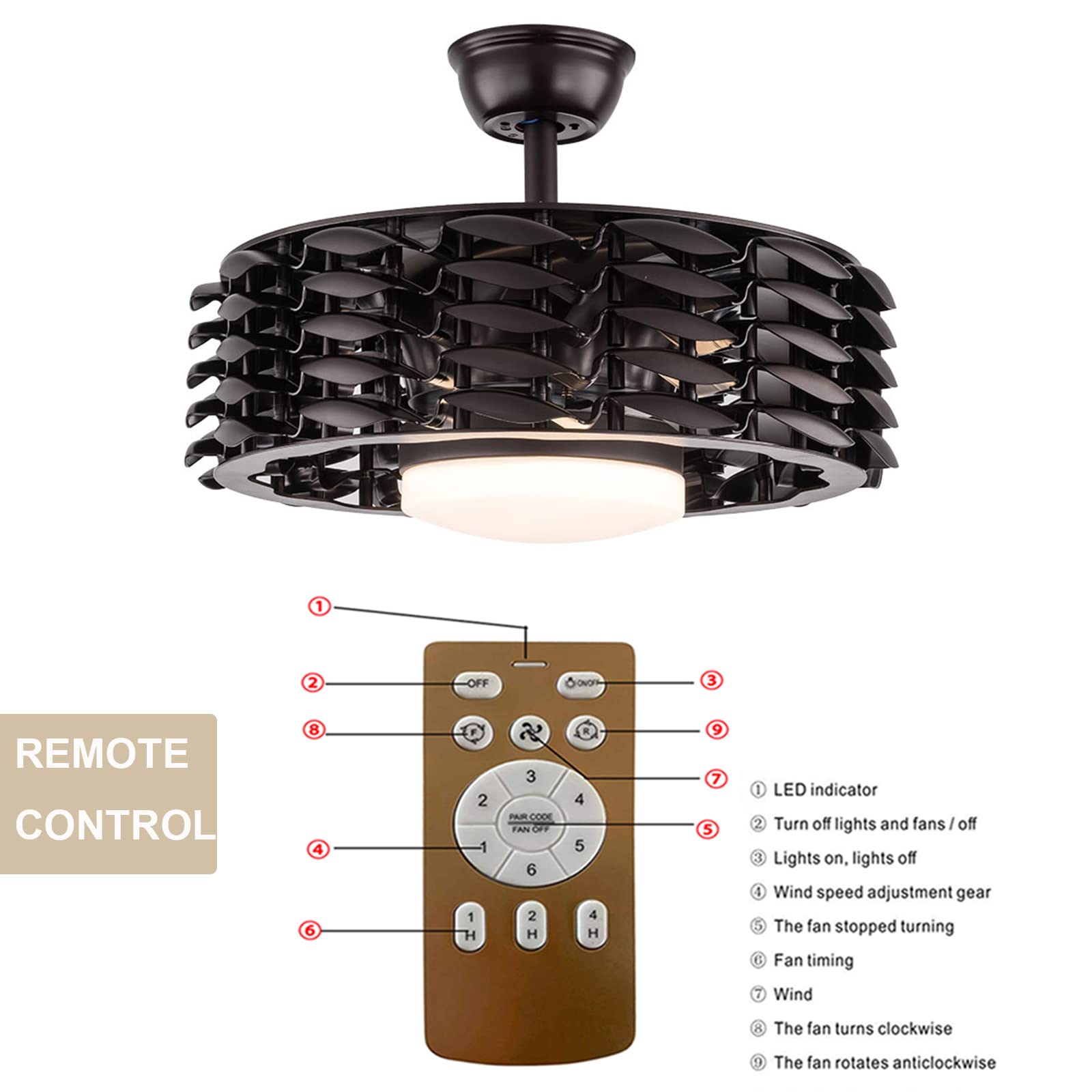 Bladeless Ceiling Fan with LED Light - Remote Control, 3 Color Changing & 3 Speed Settings - 22 Inch Modern Chandelier Style for Bedroom, Living Room, Kitchen (Coffee Black) - Perfect for Energy-Efficient Cooling and Ambient Lighting
