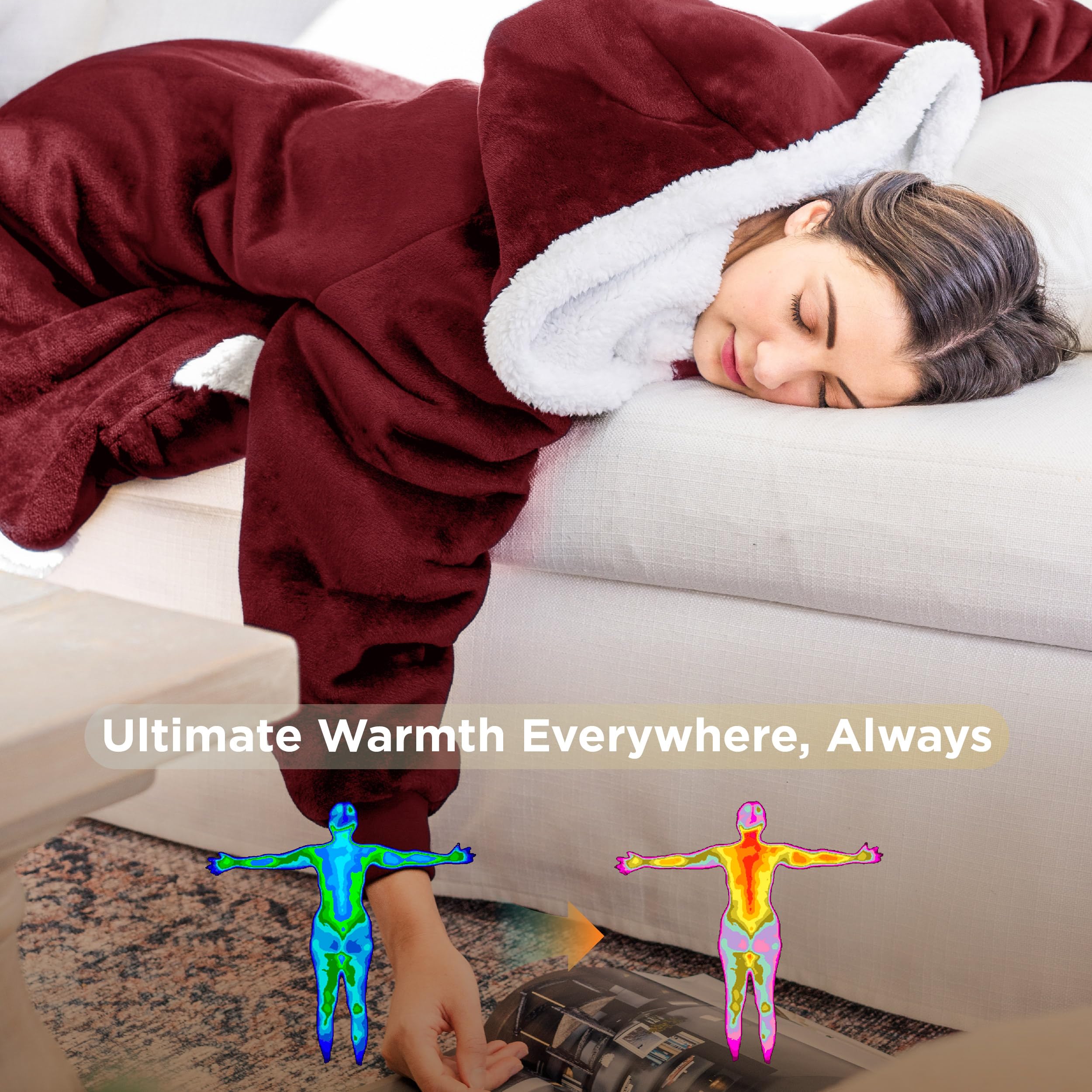 Bedsure Wearable Blanket Hoodie for Adults & Kids - Oversized Burgundy Hoodie Blanket, Perfect Birthday Gift for Women, Men & Mom, Ideal for Mother's Day, Cozy for Movie Nights & Camping