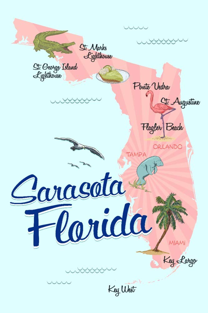 Florida Sarasota Typography & Icons Wall Art Poster - Pink & Blue 12x18 Inches - Coastal Home Decor, Beach House Wall Art, Living Room & Bedroom Aesthetic Decor