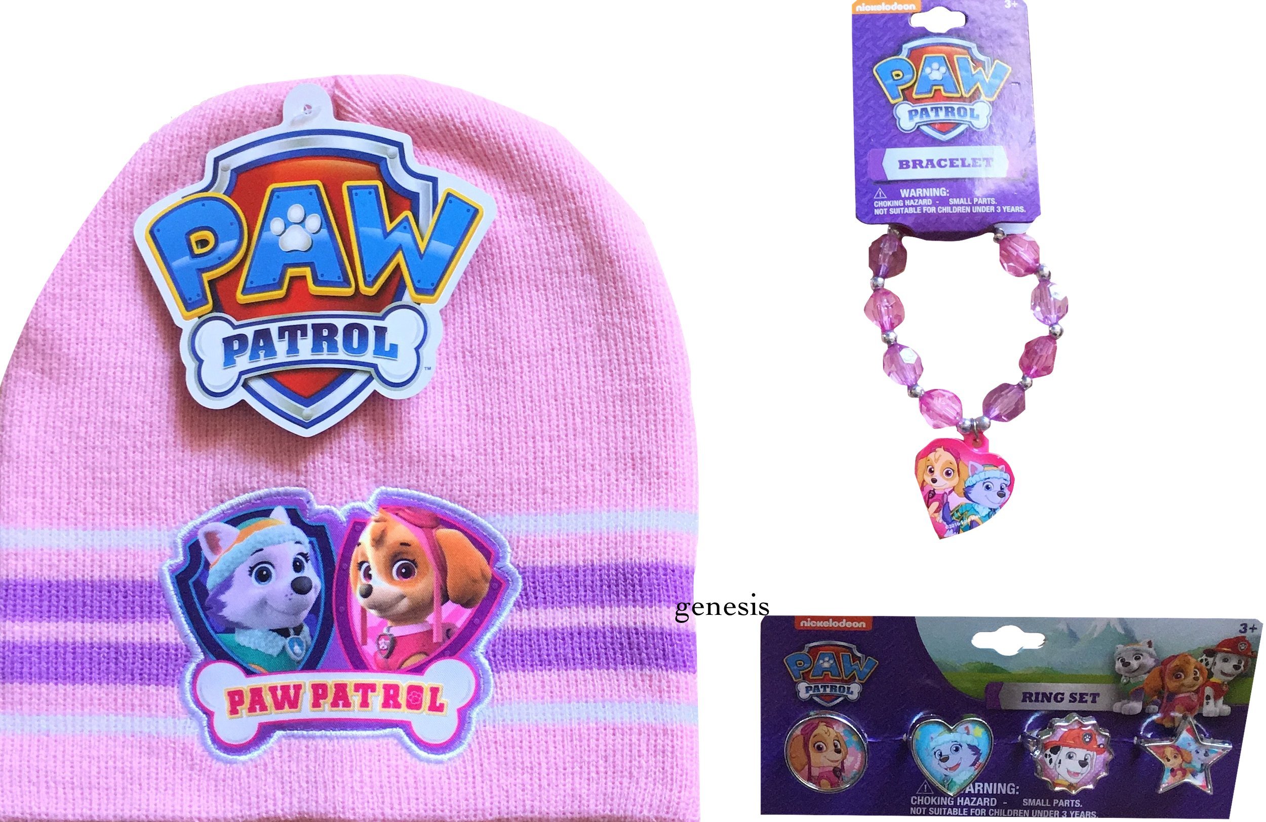 Paw Patrol Girls Beanie Hat, Bracelet & Ring Set - Pink & Blue for Kids Birthday Gifts & Dress Up Play