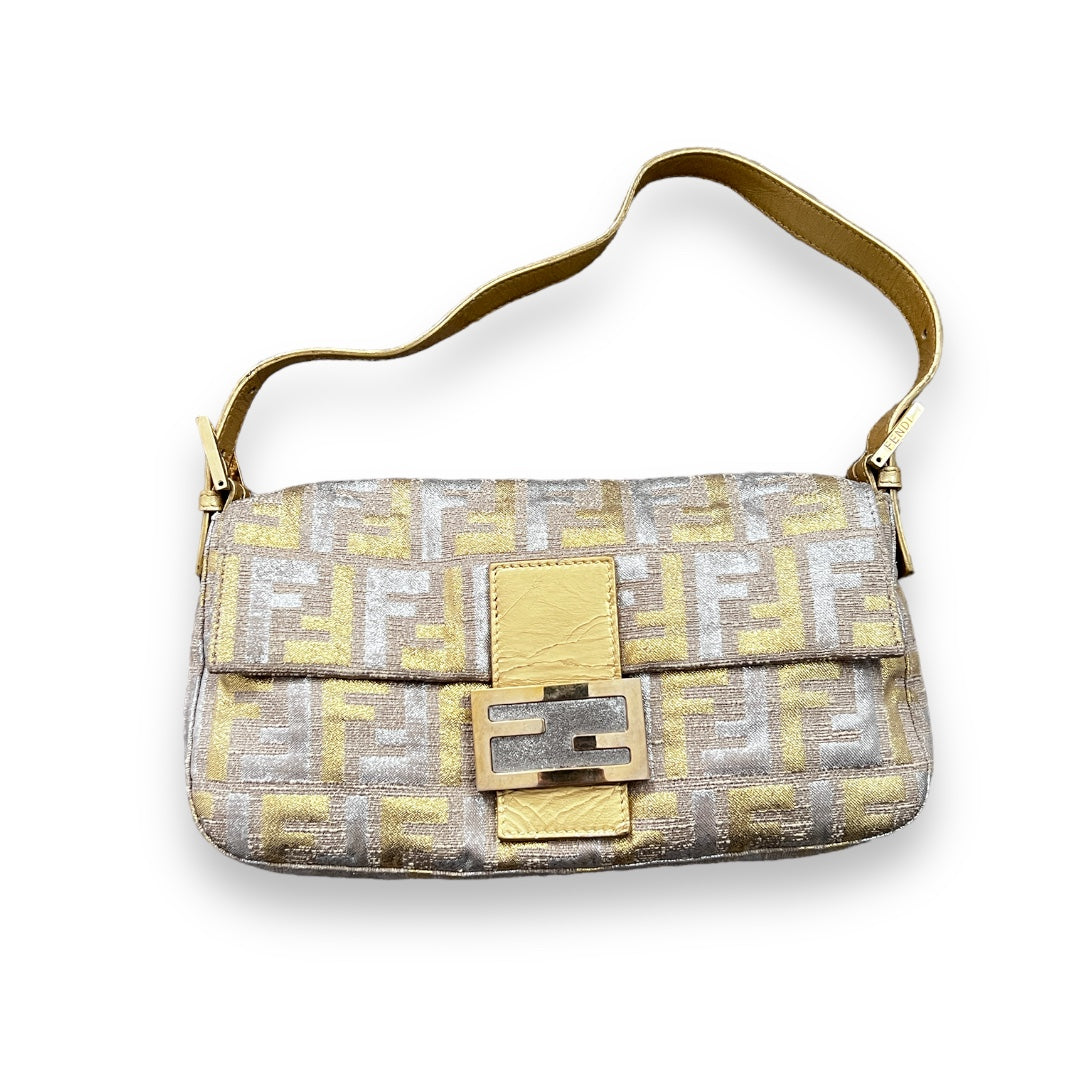 Fendi Golden & Silver Embroidered Zucca Baguette Bag - Luxury Designer Crossbody Purse for Women, Perfect for Parties, Weddings & Evening Events