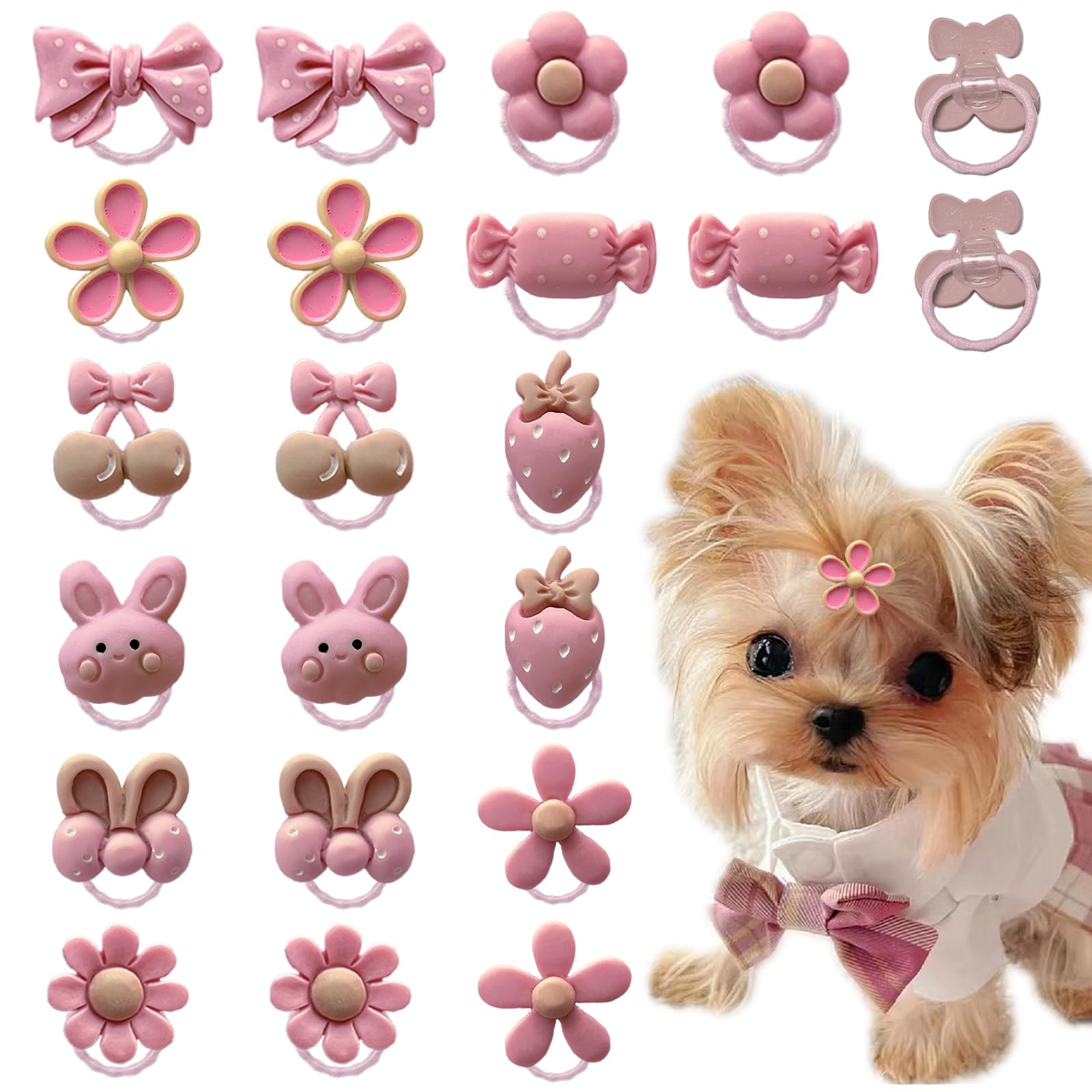 20 Pcs Light Pink Small Dog Hair Bows with Rubber Bands - Cute Puppy Ear Bows for Yorkie, Shih Tzu - Grooming Flower Bowknot Strawberry Topknot Hair Accessories for Small Dogs - Perfect for Pet Parties, Photo Shoots & Daily Styling
