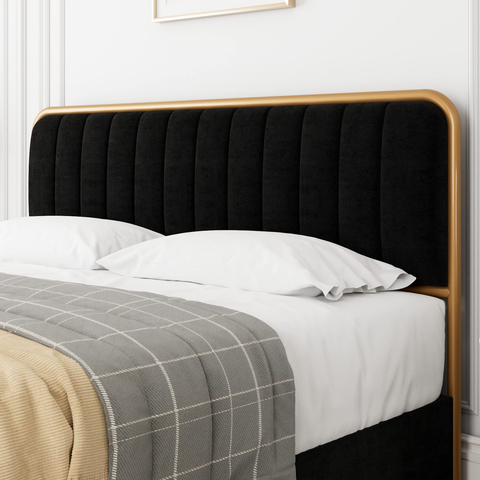 HITHOS Full Size Upholstered Bed Frame with 4 Storage Drawers & Headboard - Heavy Duty Metal Platform Bed with Wooden Slats - No Box Spring Needed - Easy Assembly (Golden/Black) - Perfect for Small Bedrooms, Guest Rooms & Space-Saving Storage Solutions