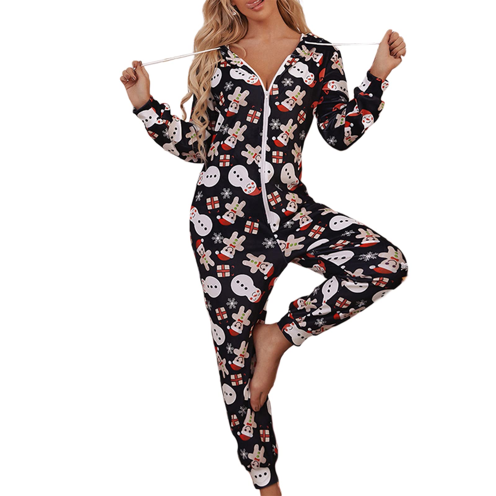 Thaisu Women's Long Sleeve Hooded Jumpsuit - Christmas Pajamas with Zip Up V Neck & Cartoon Print | Cozy One Piece Jumpsuit for Holiday Sleepwear, Lounge Wear & Festive Outfits