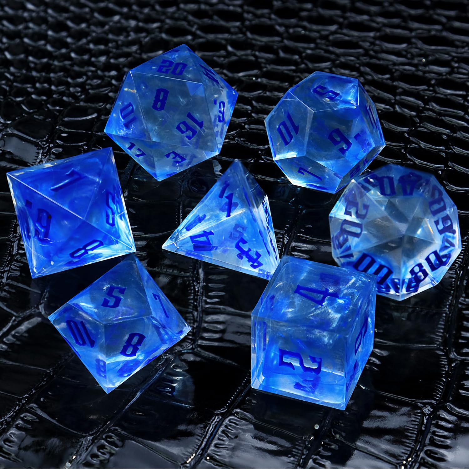 Dungeons & Dragons (D&D) RPG Liquid Polyhedral Dice Set - Complete 7-Piece with D4, D6, D8, D10, D12, D20 and Model Box (Blue) - Perfect for Tabletop Gaming, Magic RPG, and D&D Campaigns