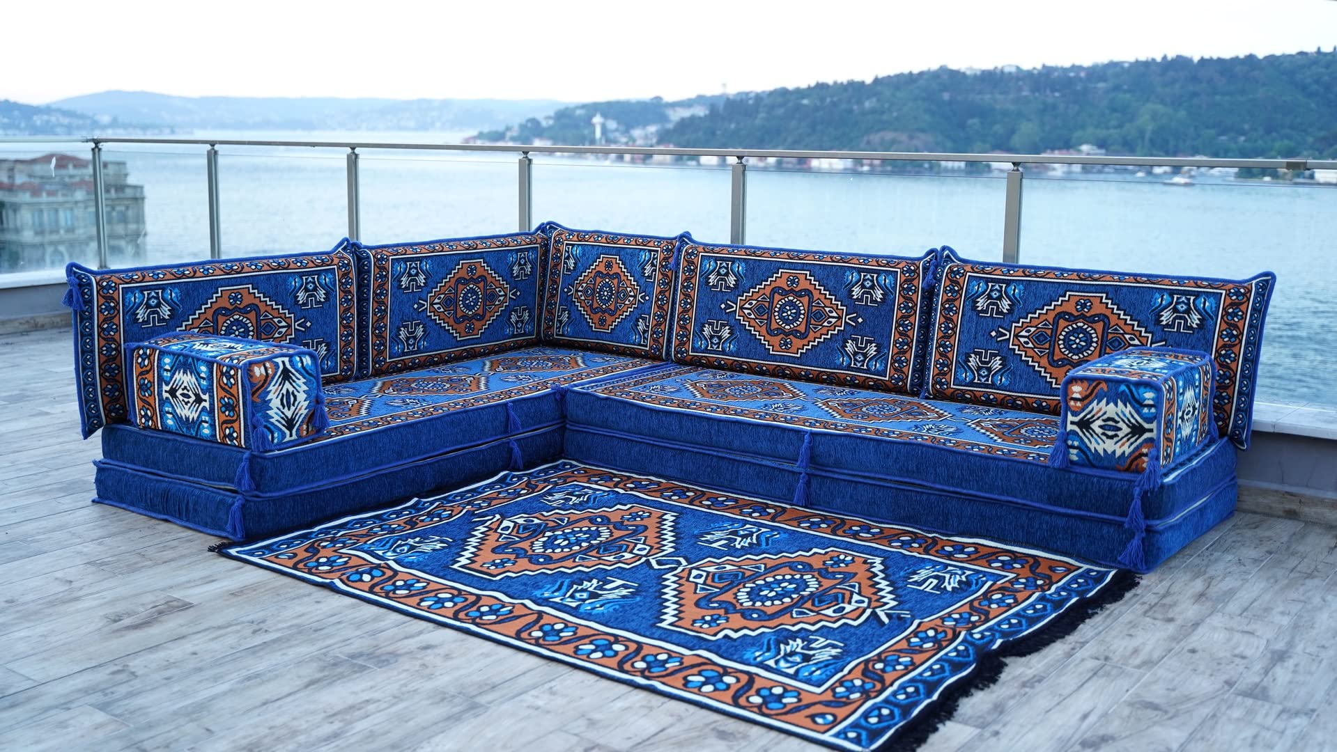 Handmade Navy Blue Single Arabic Floor Sofa Set - Moroccan Style Living Room Floor Couch with 8