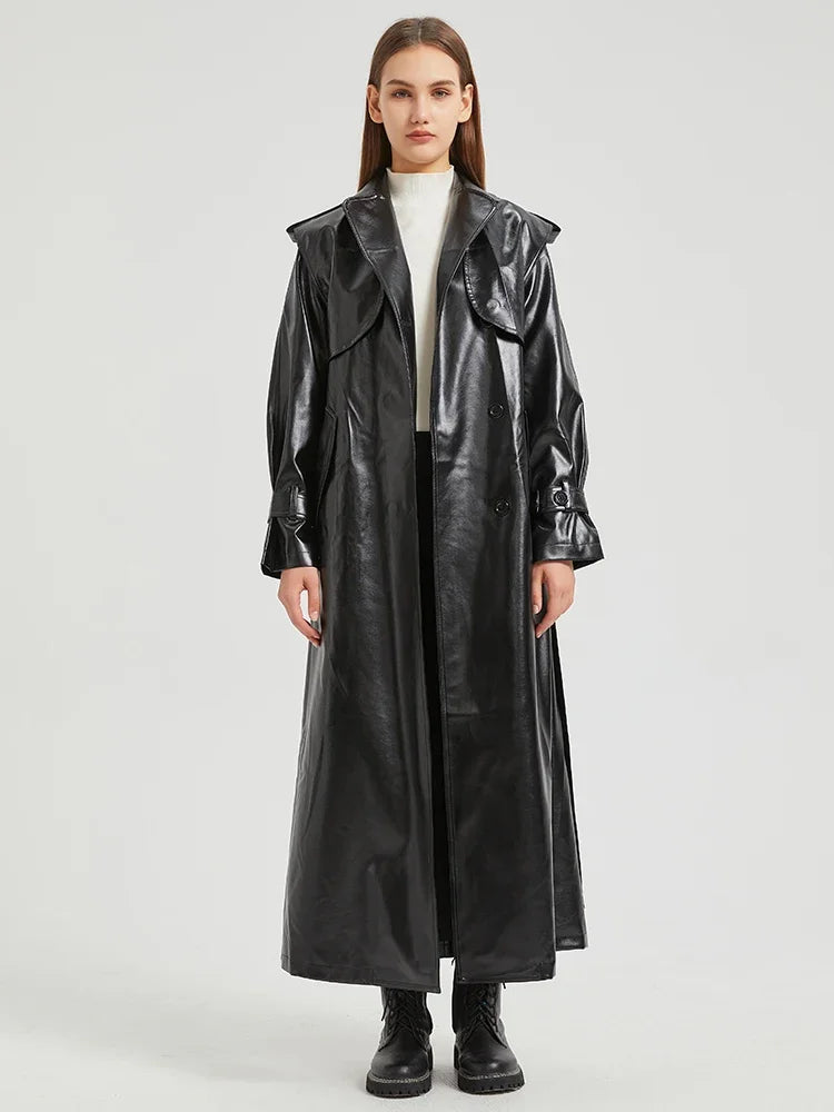 2024 Women's Extra Long Gold Shiny Patent PU Leather Trench Coat - Single Breasted Luxury Designer Overcoat for Fall & Winter | Perfect for Office Wear, Evening Events & Fashion Outings