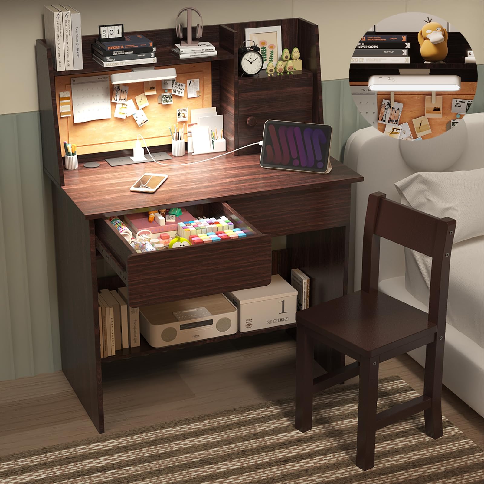 Kids Study Desk and Chair Set for Ages 5-12 - Adjustable Height Study Table with 3-Color LED Lights, USB Charging Station, Storage Drawers & Bookshelf - Perfect for Homework, Reading & Online Learning in Bedroom or Playroom