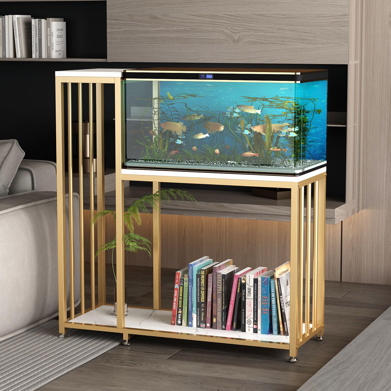 29 Gallon Fish Tank Stand - Sturdy Metal Aquarium Stand with Storage Shelves for Fish Tank Accessories, Reptile & Turtle Terrariums - Gold Finish for Home & Office Use | Perfect for Living Room, Bedroom Decor & Pet Habitat Setup