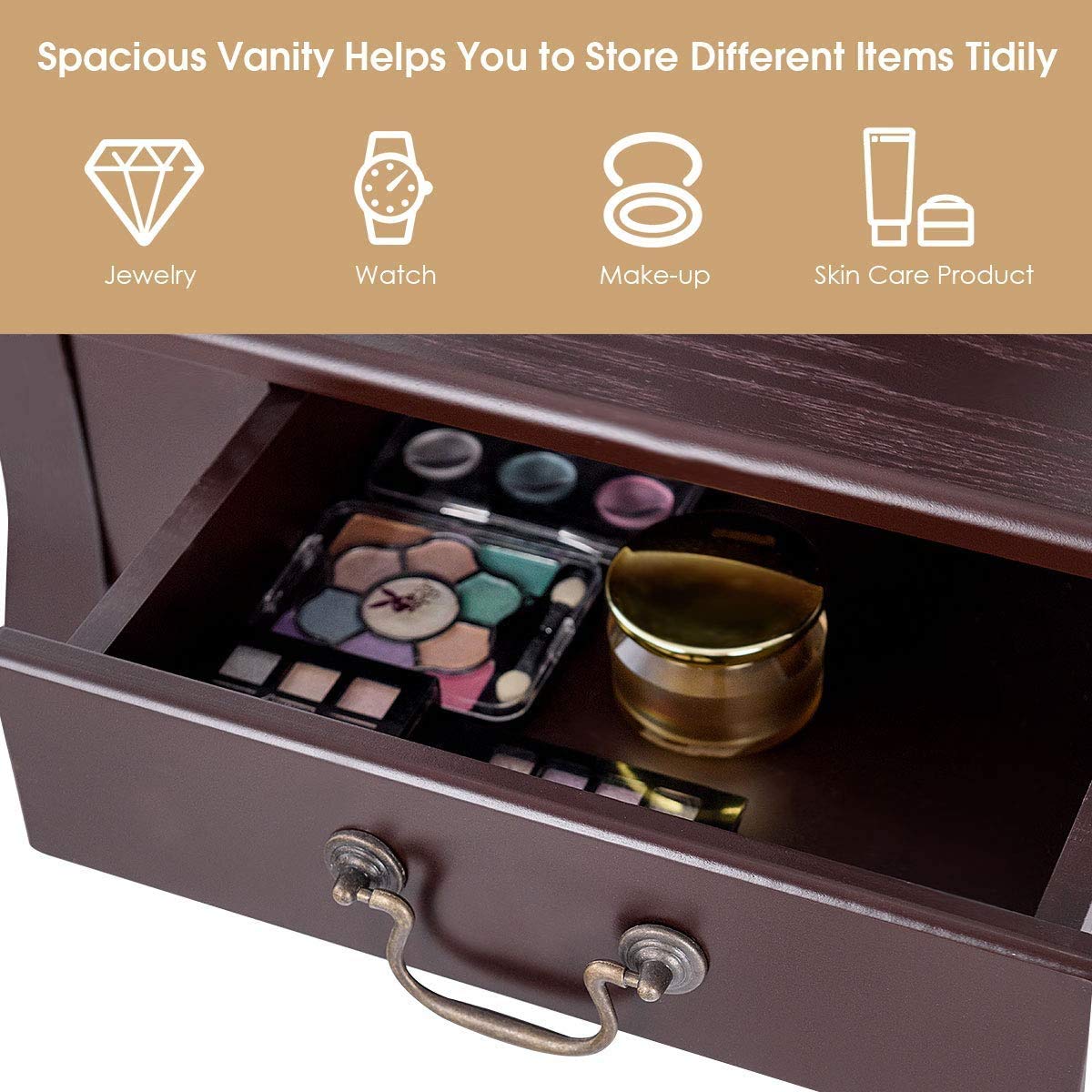 Tri-Fold Vanity Table Set with 4 Drawers & Adjustable Mirror - Detachable Top Writing Desk & Comfortable Stool - Perfect for Makeup, Dressing Room, Home Office, and Coffee Corner