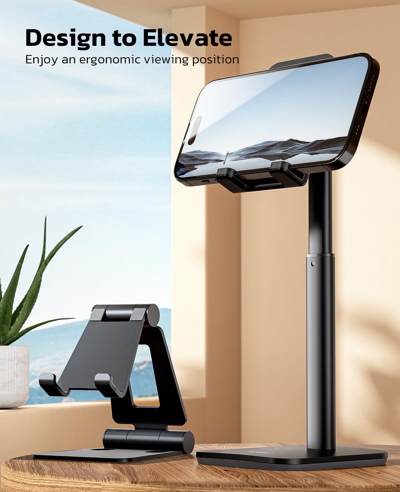 Nulaxy Adjustable Phone Stand for Desk - Height & Angle Adjustable Cell Phone Holder Compatible with iPhone 16/15/14/13/12/Mini/11 Pro/XS Max/XR/X/8/7/6/6s Plus & All 4-8 Inch Smartphones (Black) - Perfect for Work, Video Calls, Watching Movies & Hands-Free Viewing