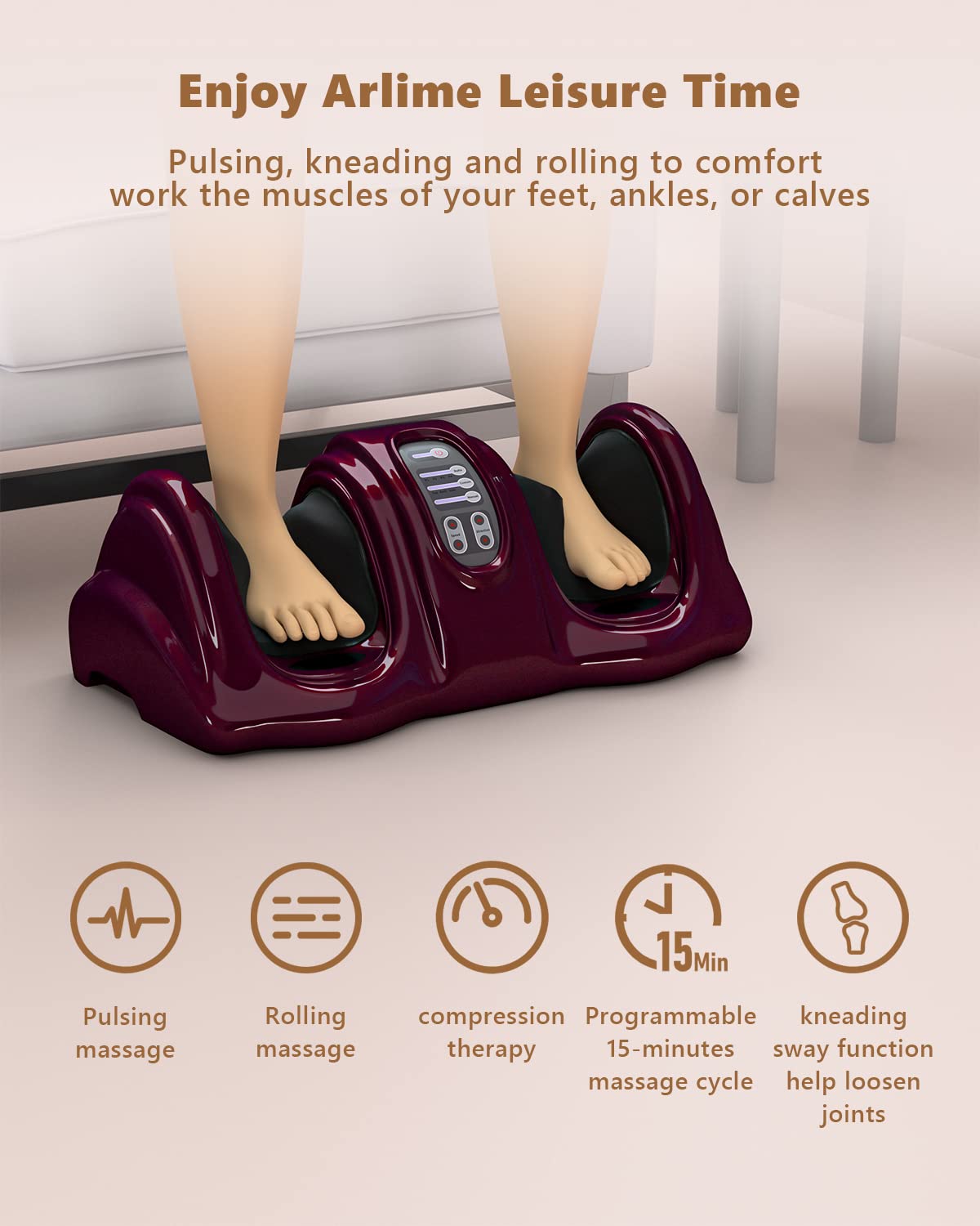 ARLIME Shiatsu Foot Massager with Remote Control - Deep Kneading for Pain Relief, Plantar Fasciitis, Improved Blood Circulation - 4 Massage Modes for Calf, Leg & Ankle (Burgundy) | Perfect for Home Relaxation, Office Stress Relief & Post-Workout Recovery