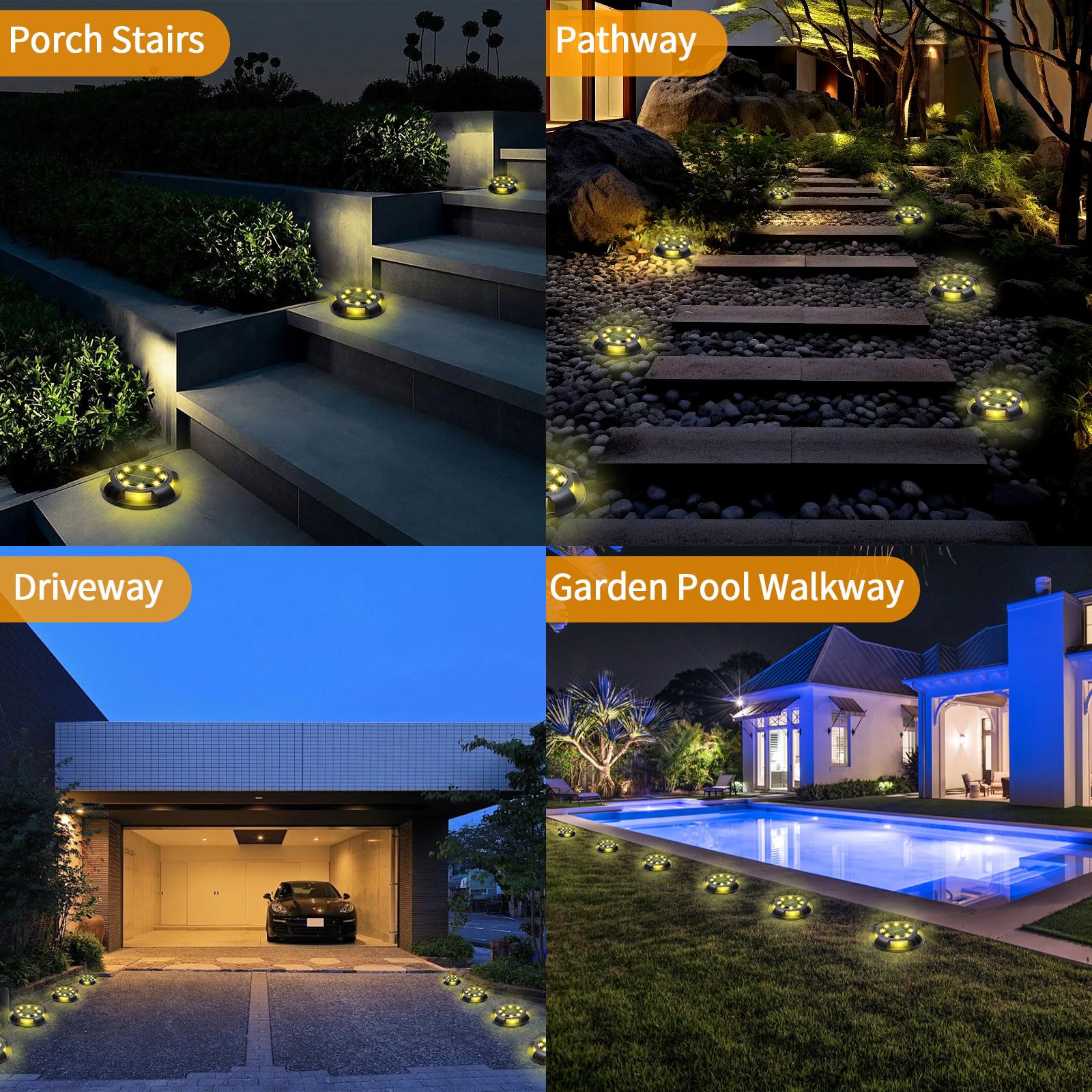 8 Pack 12 LED Solar Ground Lights - Waterproof Outdoor Landscape Lighting for Garden, Pathway, Yard, Lawn, Patio, Deck & Driveway | Warm White Solar Disk Lights | Perfect for Nighttime Safety & Garden Decor