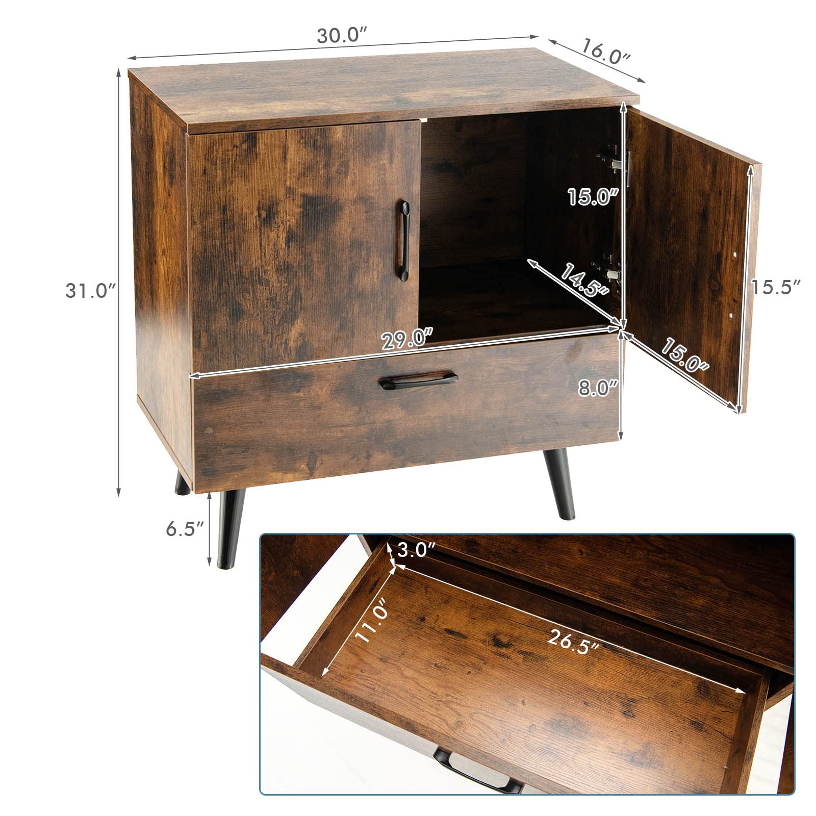 Giantex Rustic Brown Storage Cabinet - Freestanding Buffet Sideboard with Doors & Pull-Out Drawer | Entryway, Living Room, Dining Room, Bathroom Storage Solution | Accent Cabinet for Home Organization & Decor