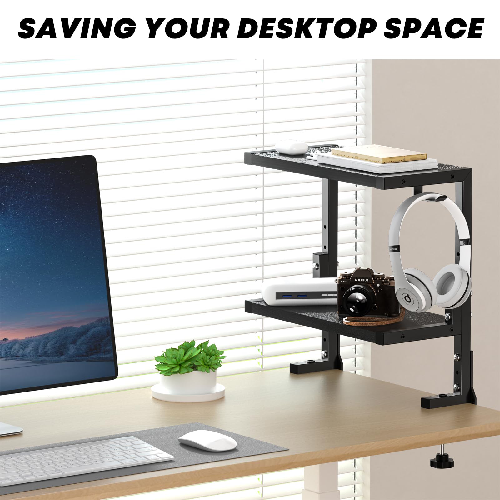 PUTORSEN 2-Tier Clamp-On Desk Shelf Organizer - Adjustable Height Monitor Stand with Hooks for Office, Gaming & Home Workspace - Black - Perfect for Desk Organization & Space Saving