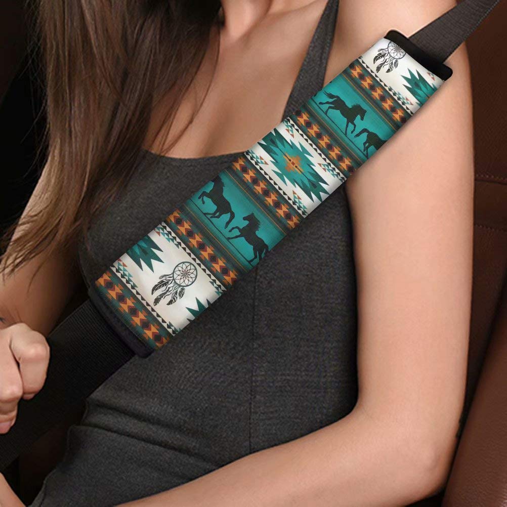AFPANQZ 2-Pack Horse Car Seat Belt Pads - Comfortable Seatbelt Covers for Adults & Kids (1 Pair) - Safety Shoulder Strap Cushions with Native American Dreamcatcher Design in Green - Perfect for Road Trips, Daily Commuting & Travel Accessories