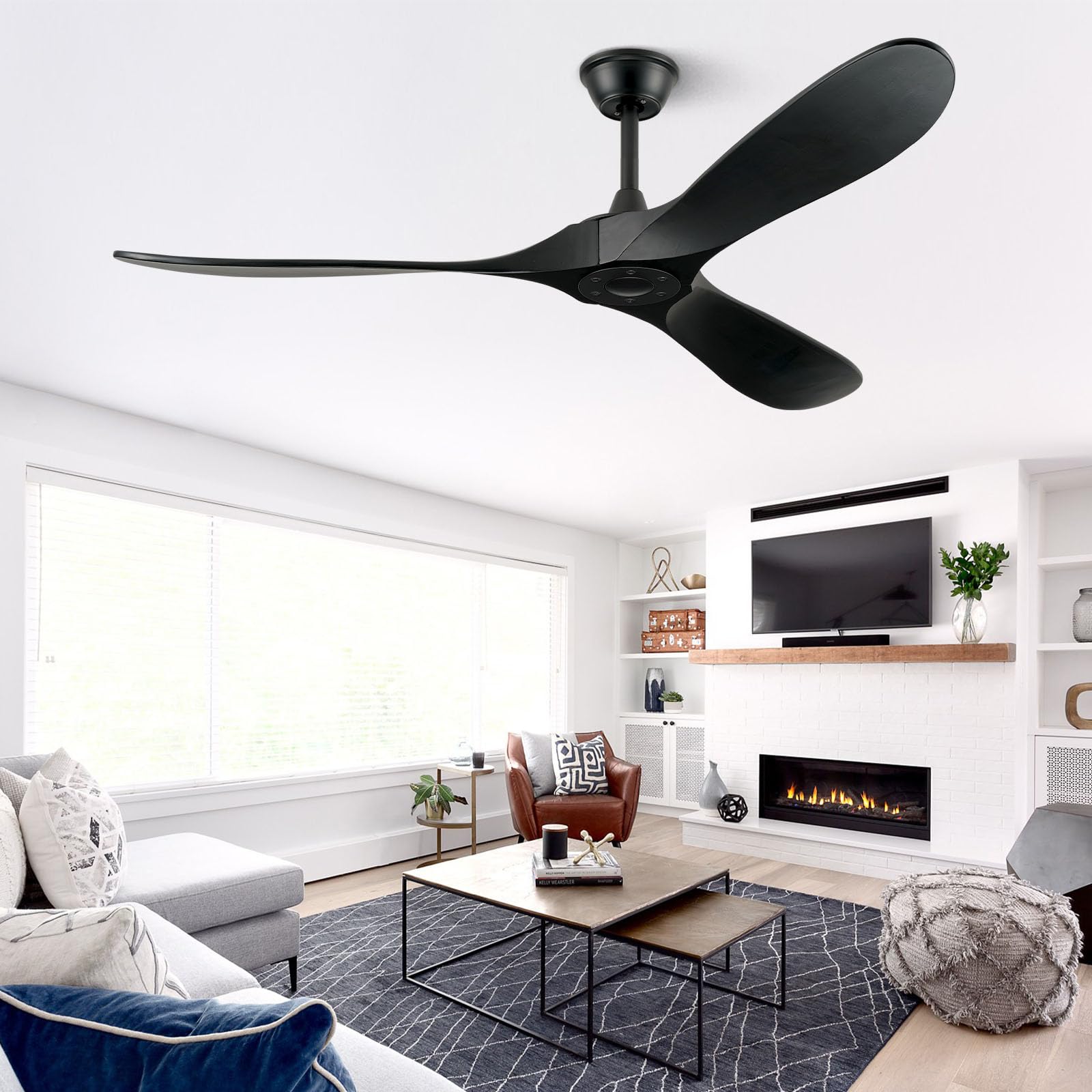 60 Inch Black Ceiling Fan Without Lights - 3 Blade Solid Wood Indoor/Outdoor Fan with Remote Control for Patio, Living Room & Bedroom | Quiet Cooling for Home, Office & Commercial Spaces
