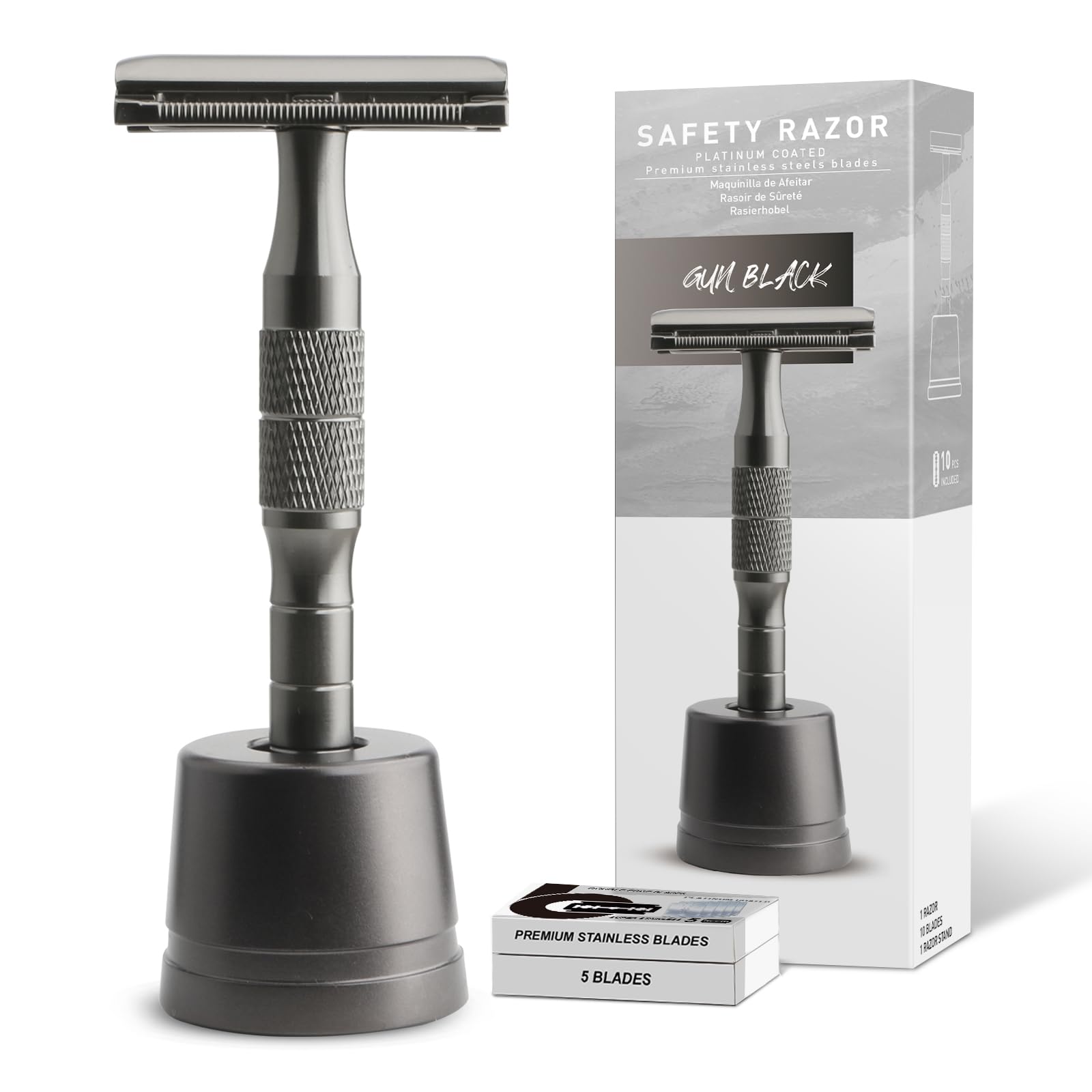 Premium Double Edge Safety Razor with Stand - Reusable Metal Razor for Men & Women | Includes 10 Platinum Coated Blades | Gun Black Shaving Kit for Smooth Face & Body Hair Removal | Eco-Friendly Sustainable Grooming for Daily Shaving Routine