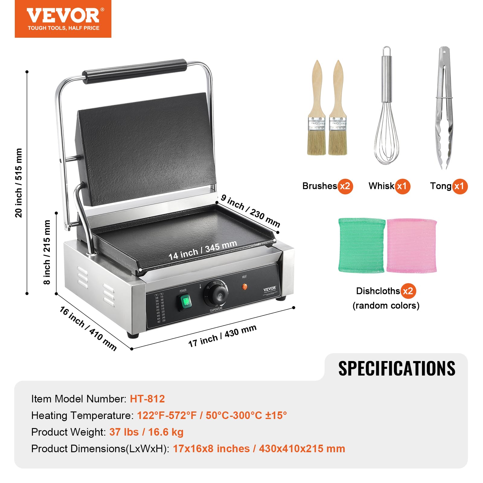 VEVOR 1800W Commercial Panini Grill Press - Stainless Steel Electric Sandwich Maker with Temperature Control & 14