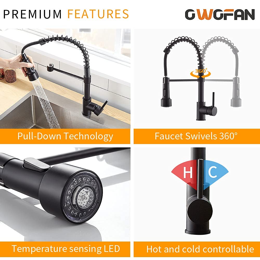 OWOFAN Matte Black LED Light Kitchen Sink Faucet with Pull Down Sprayer and Soap Dispenser - Modern Touchless Water Saving Faucet for Home, Restaurant & Commercial Use