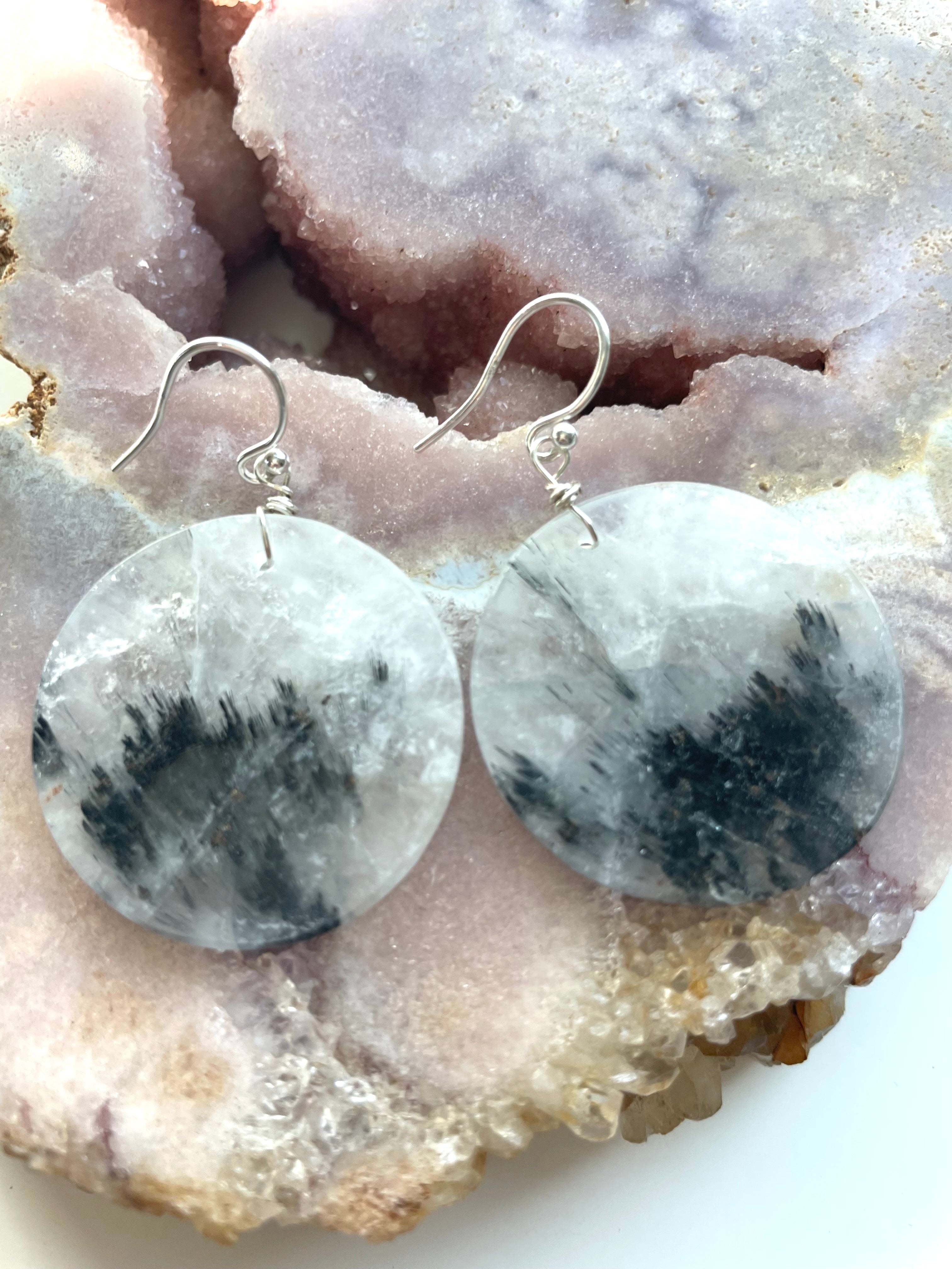 Black Tourmaline in Quartz Statement Earrings - Healing Crystal Jewelry for Women, Elegant Dangle Earrings for Daily Wear & Special Occasions
