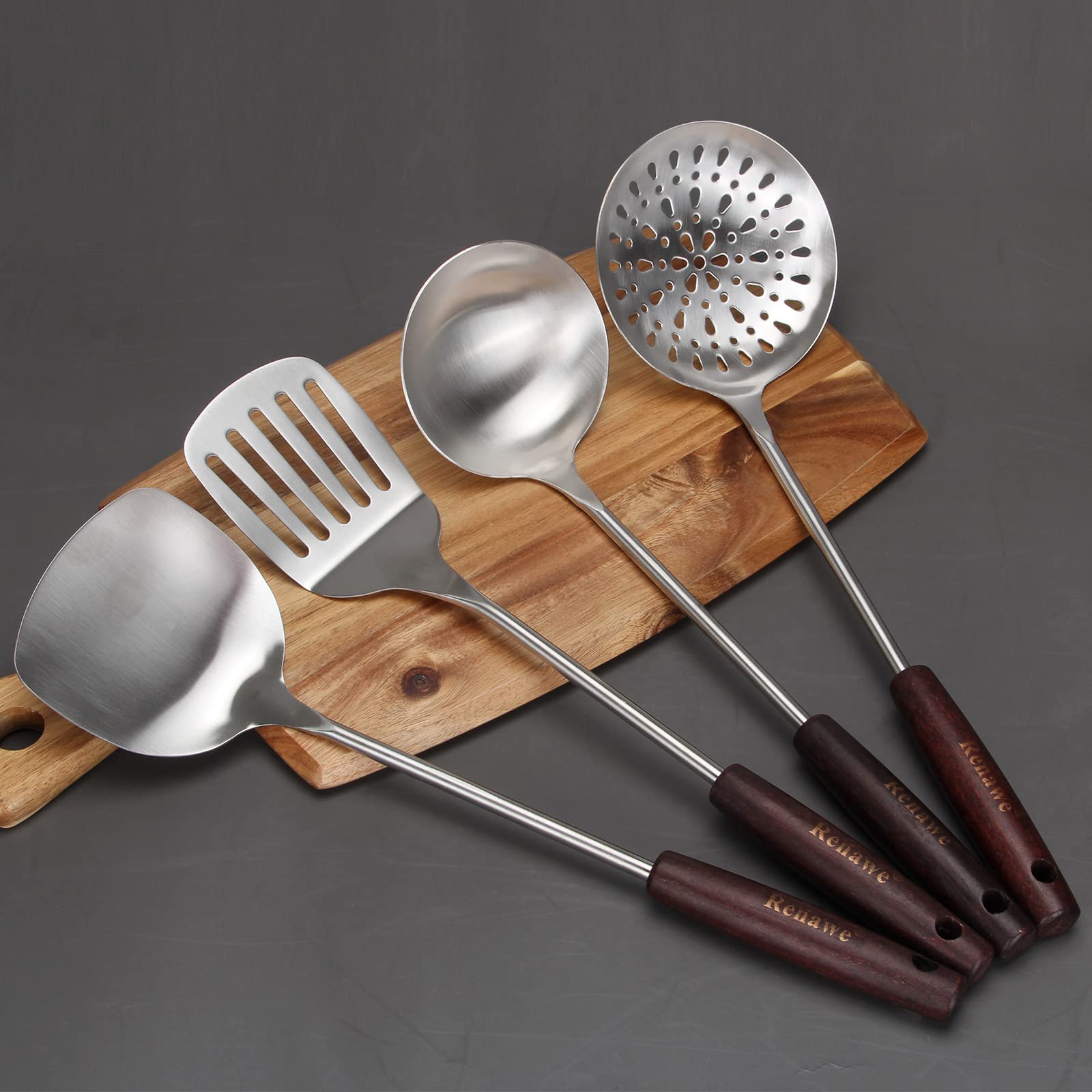 15 Inch Stainless Steel Slotted Turner & Soup Ladle Set - 304 Grade, Long Wooden Handle - Perfect for Stir-Frying, Flipping Pancakes, Serving Soups & Cooking Utensils