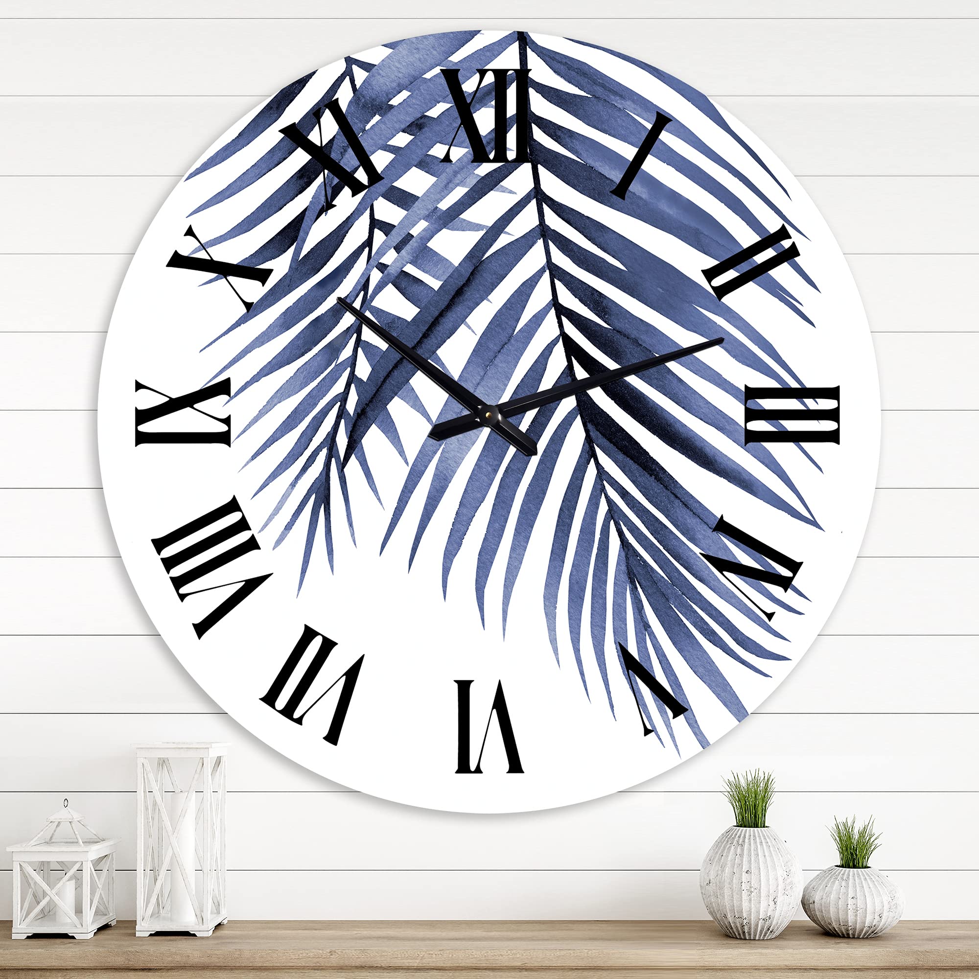 Blue Palm Leaves Abstract Tropical Wall Clock - Large Traditional Floral & Botanical Decor for Kitchen, Living Room, Bedroom - Perfect for Home, Office & Indoor Spaces