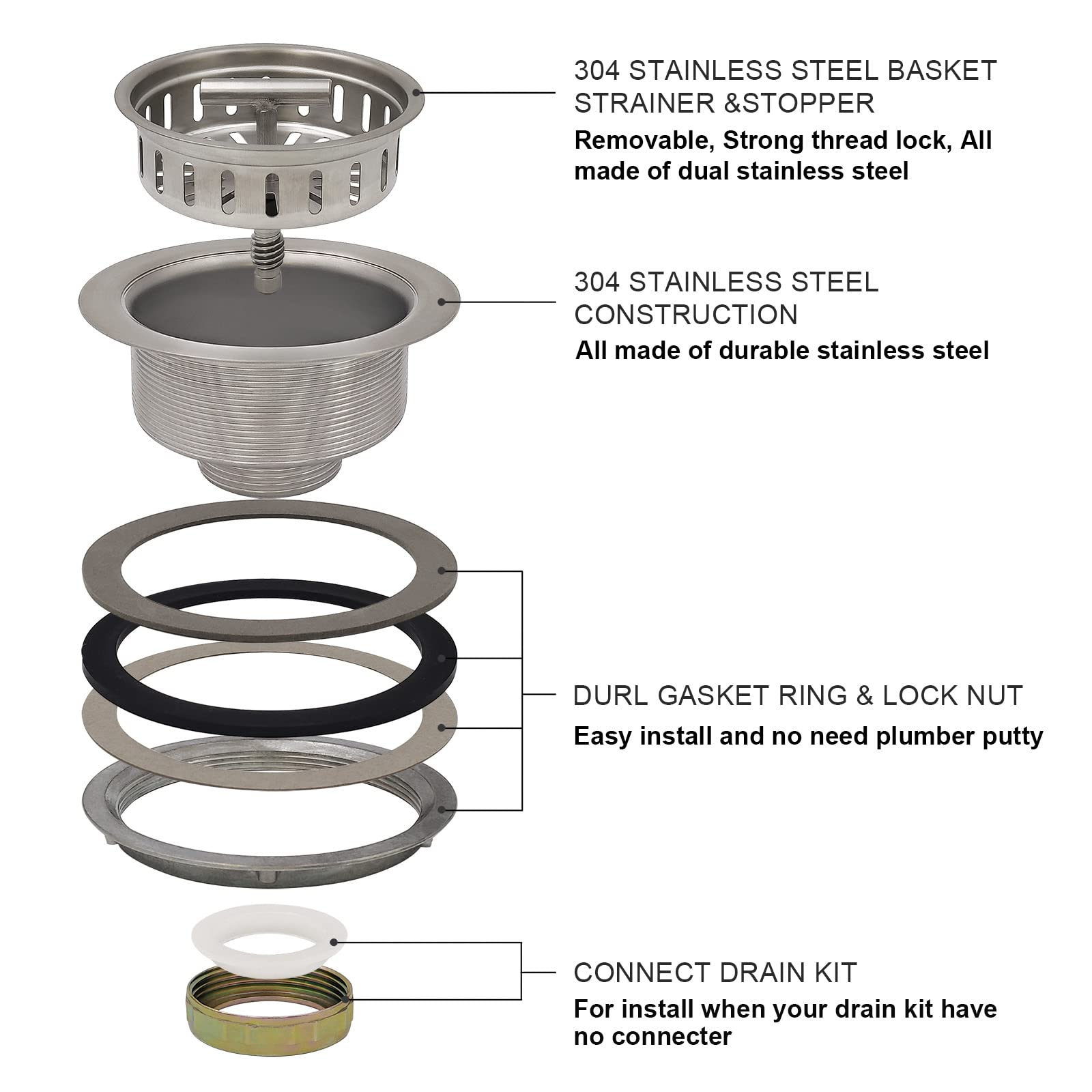 3-1/2 Inch Brushed Nickel Kitchen Sink Strainer with Basket & Stopper - Stainless Steel Drain Strainer Assembly - US Standard Sink Drain Replacement for Easy Cleaning & Clog Prevention