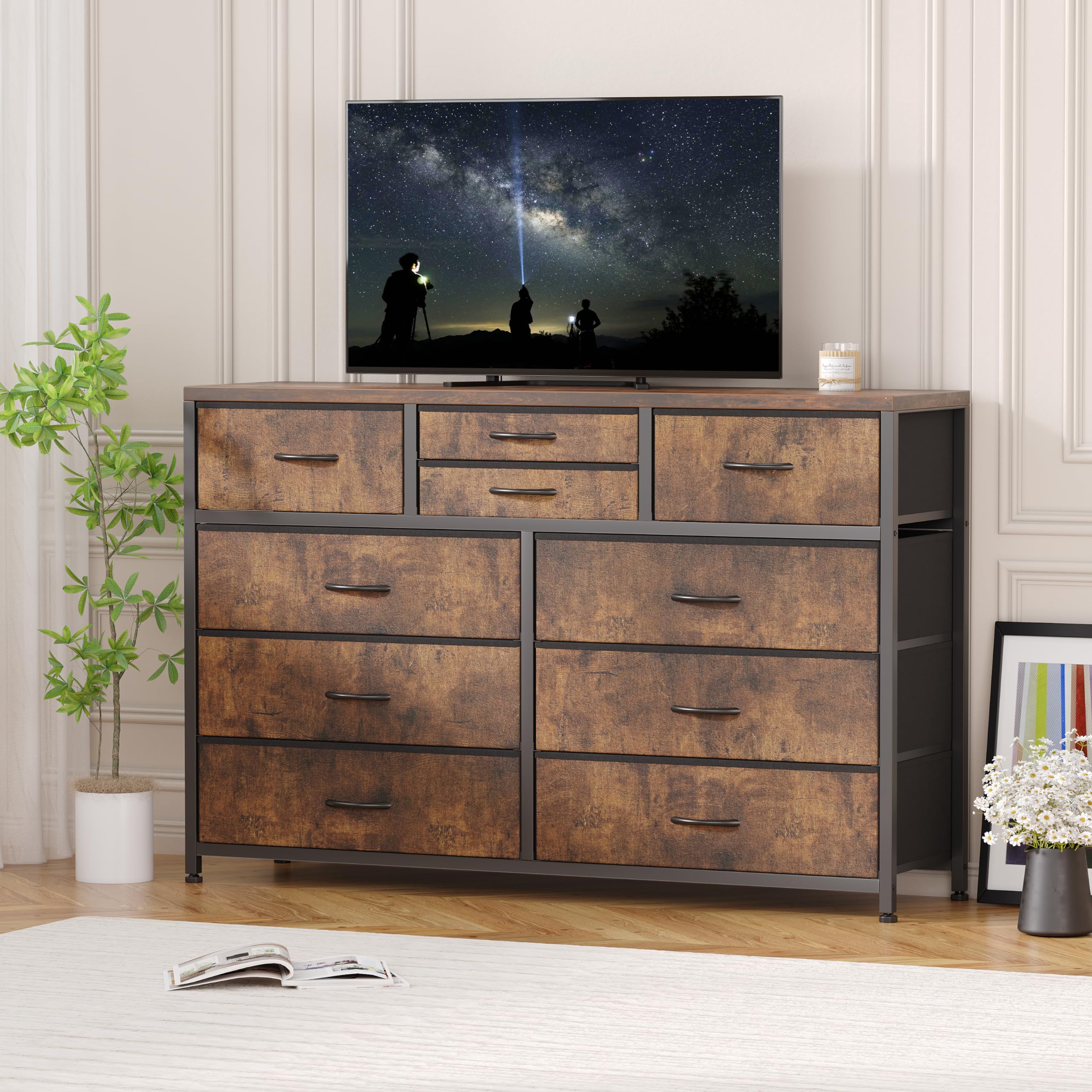 Jojoka 10-Drawer Wide Dresser with Steel Frame & Wood Top - Rustic TV Stand Entertainment Center, Fabric Storage Cabinet for Bedroom, Hallway, Nursery & Closet Organization | Perfect for Small Space Living & Home Decor