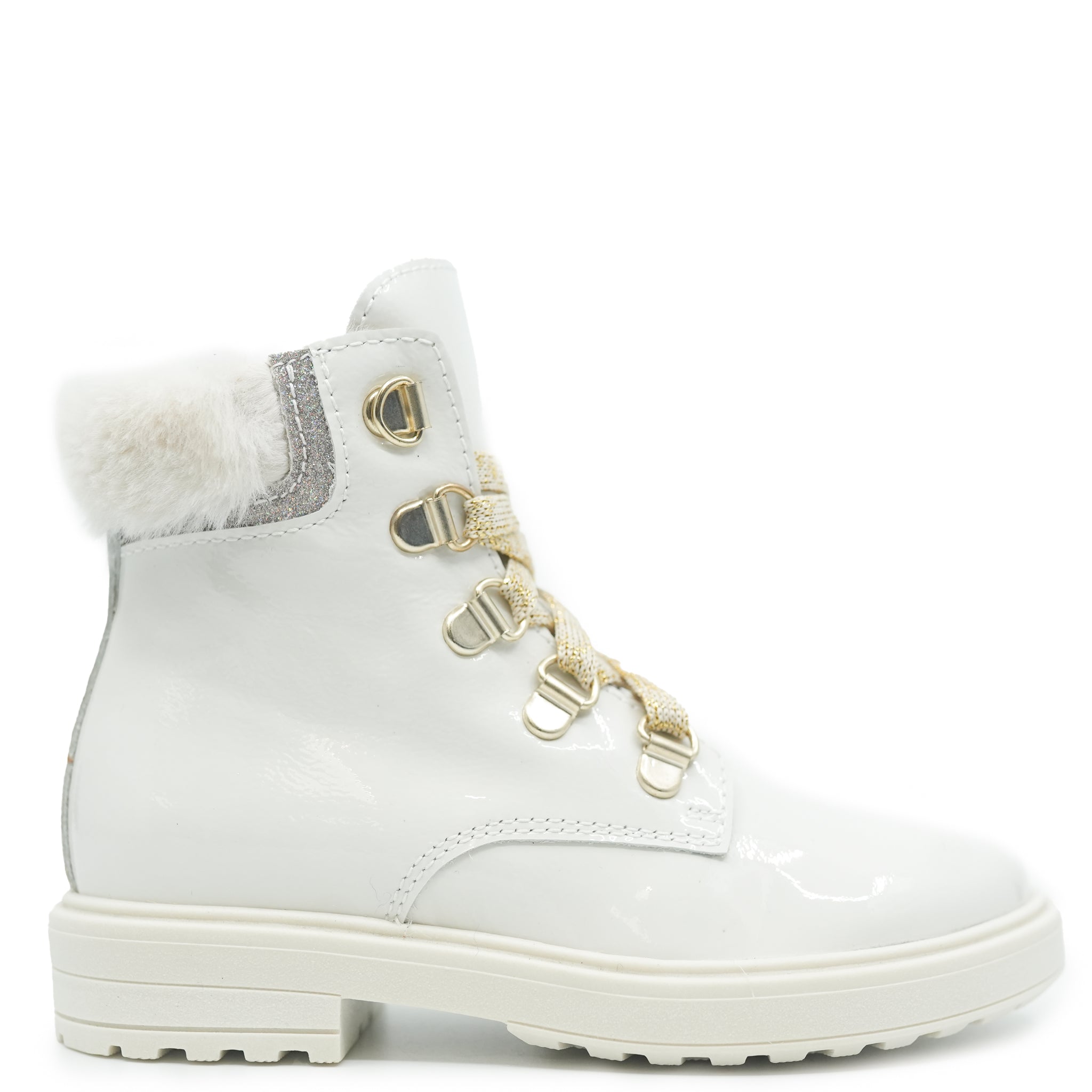 Beberlis Women's Ivory Patent Leather & Faux Fur Winter Booties - Warm Ankle Boots for Casual Outfits & Holiday Parties