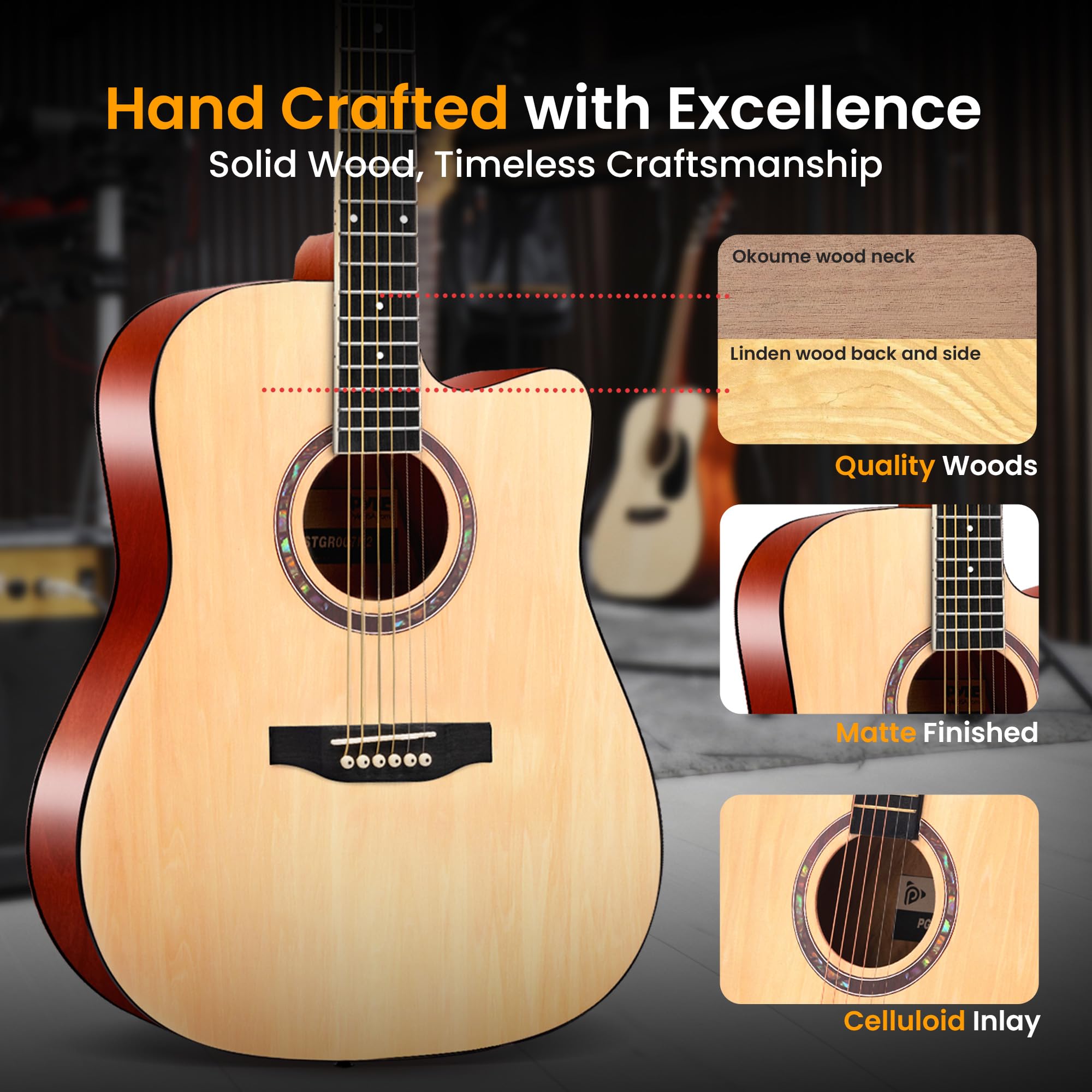 **Pyle 4/4 Full Size Cutaway Acoustic Guitar Kit for Beginners – All Wood Dreadnought with Gig Bag, Steel Strings, Picks, Strap & Capo – Perfect for Students & Adults (Natural) – Ideal for Learning, Practice & Live Performances**