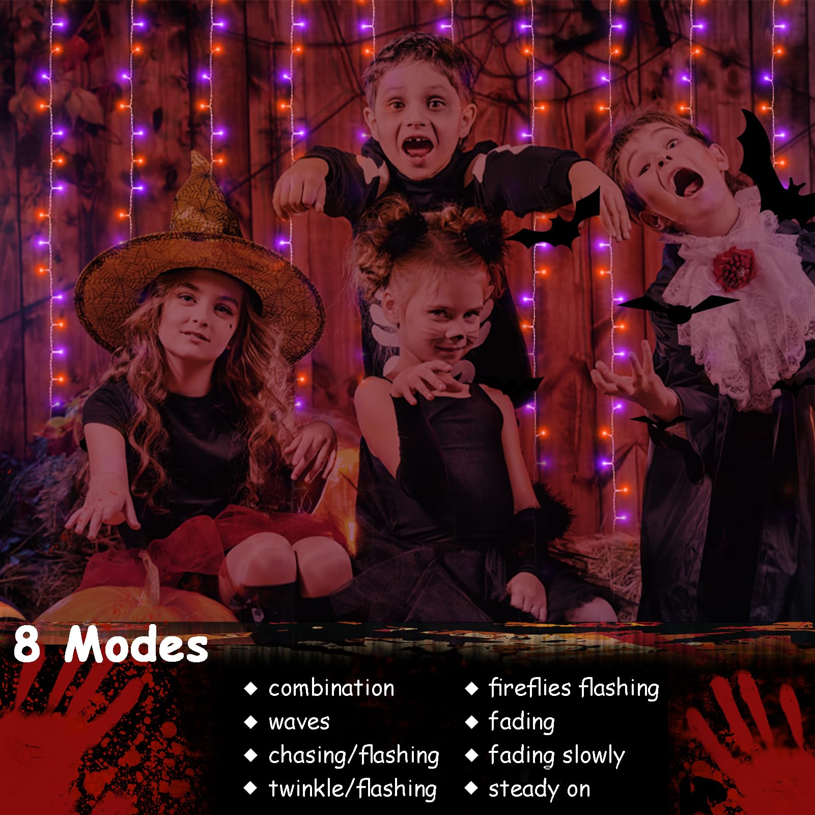 300 LED Halloween Curtain Lights Battery Operated - 9.8Ft x 9.8Ft Purple Orange Fairy String Lights with Remote & Timer for Party, Garden, Yard, Window, Bedroom, and Indoor/Outdoor Decor