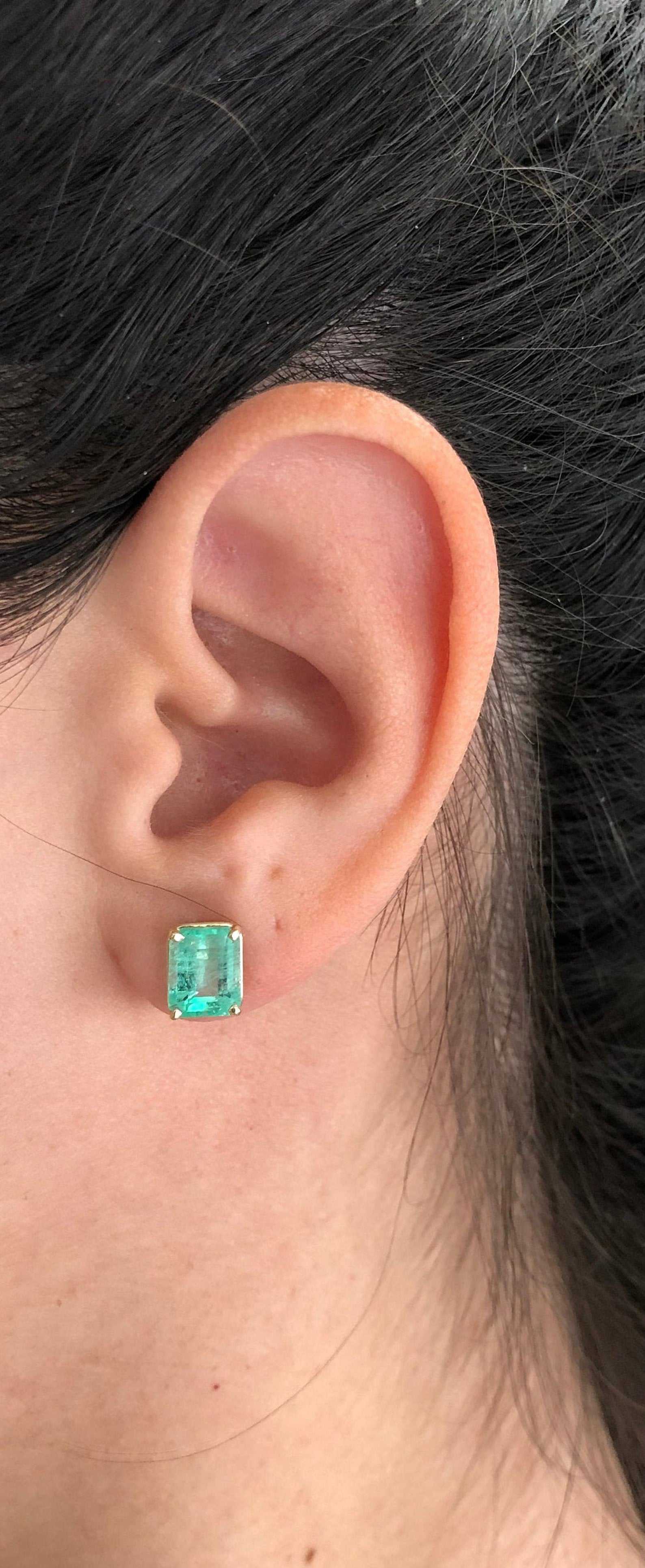 3.0tcw Genuine Colombian Emerald Stud Earrings - Emerald Cut Solitaire 14K Gold Jewelry for Women - Perfect for Weddings, Anniversaries & Special Occasions