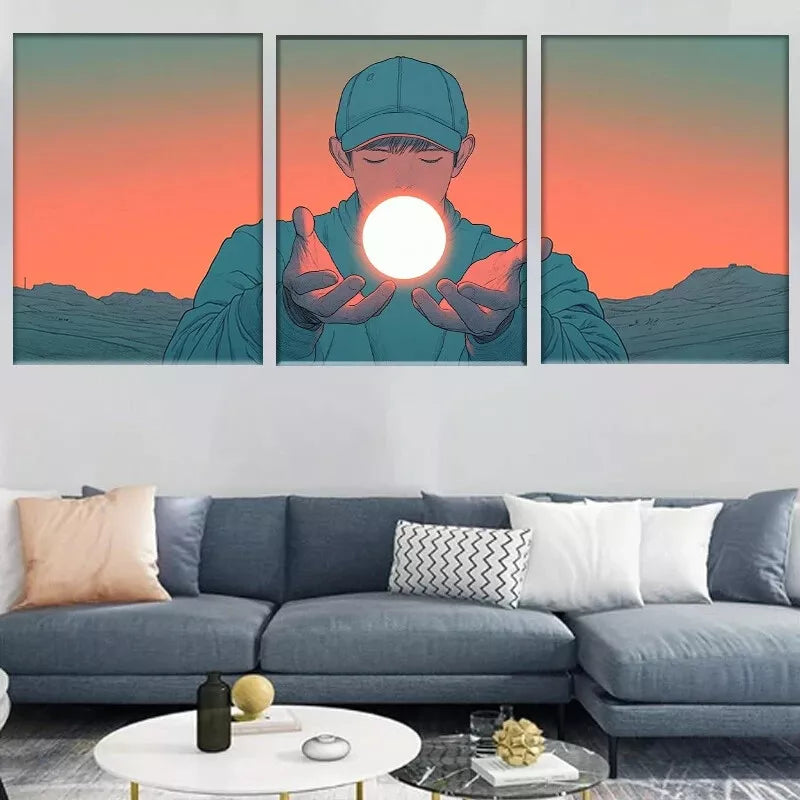 3-Piece Boy Holding Glowing Sphere in Desert Wall Art Set - Framed Canvas Prints 40x60cm - High Quality Australian Made Wall Decor - Perfect for Living Room, Bedroom & Office Decor