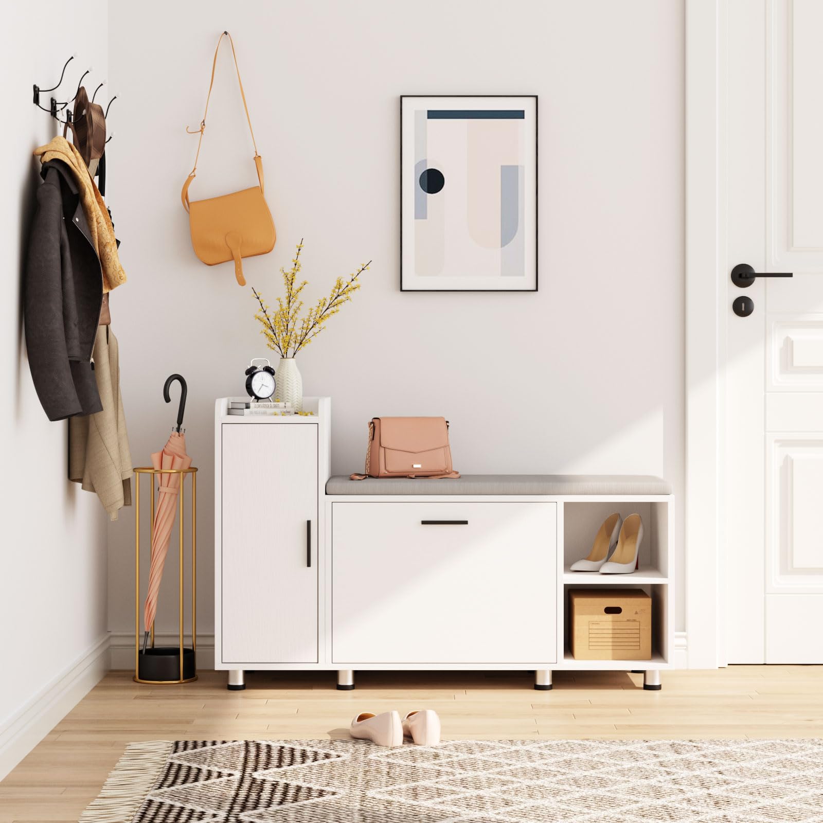 Maupvit Shoe Storage Bench with Flip Drawer Shoe Cabinet - 8 Adjustable Metal Feet, White Entryway Organizer for Hallway, Bedroom & Closet Storage Solution