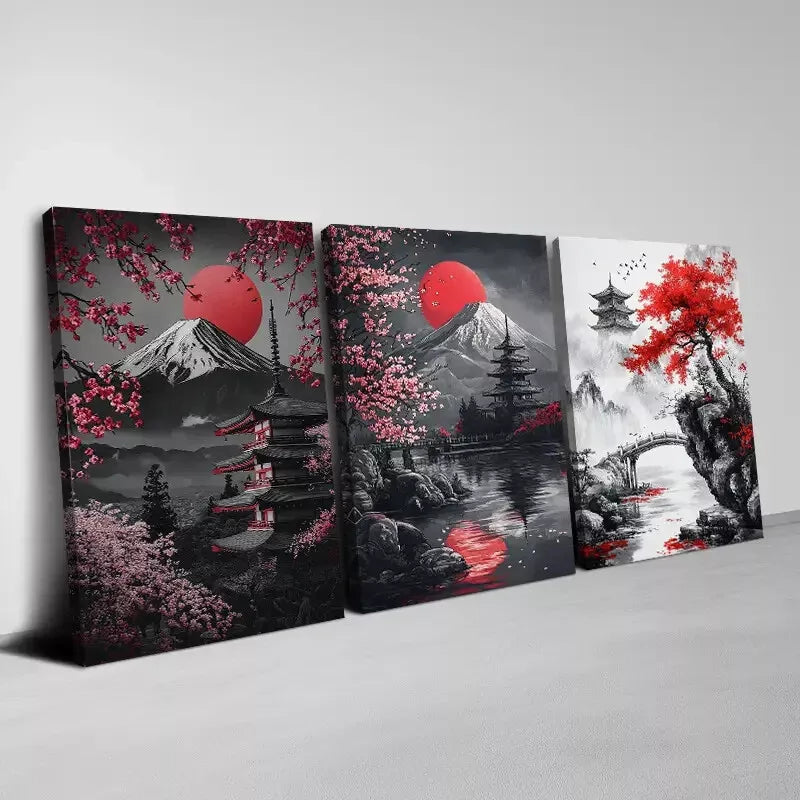 3-Piece Nature Scenes Wall Art Set - Mount Fuji & Red Floral Canvas Prints (50x70cm) | High-Quality Framed Australian-Made Wall Decor | Perfect for Living Room, Bedroom & Office Decoration