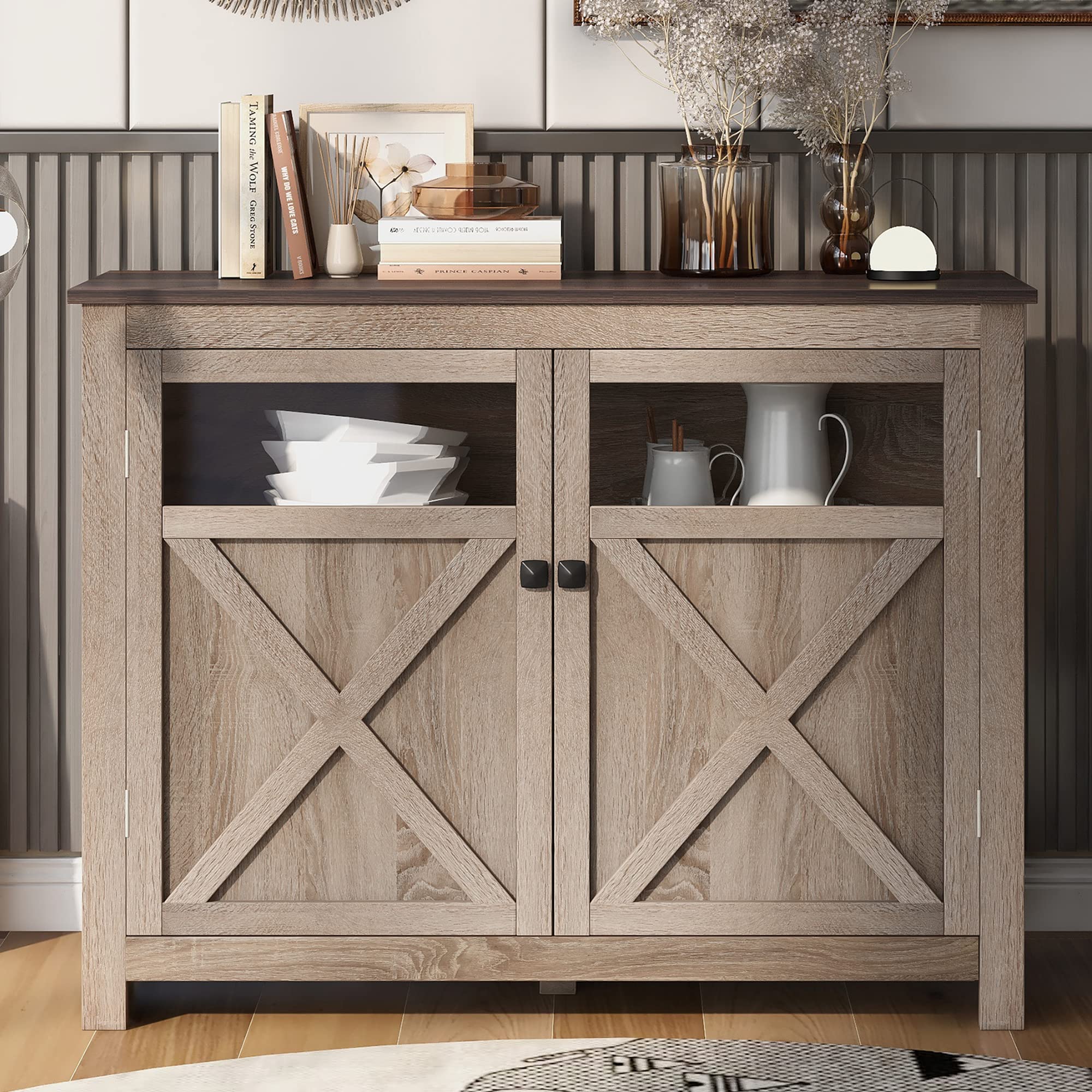 47-Inch Farmhouse Sideboard Buffet Cabinet - Solid Wood Coffee Bar Console Table with Adjustable Shelf for Entryway, Living Room & Dining Room | Rustic Kitchen Storage Solution for Serving, Display & Organization (Walnut Finish)