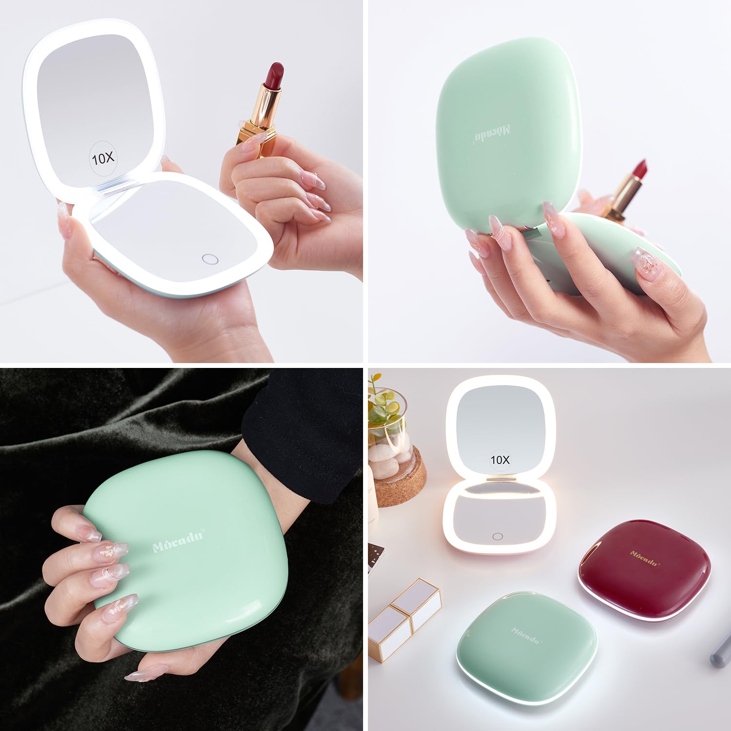 Mocado 4-Inch Compact LED Travel Makeup Mirror - 1X/10X Magnification with Dimmable Dual-Sided Lighting, USB Rechargeable Portable Mirror for Purse, Pocket & Travel | Perfect for Home, Office, Hotel & On-the-Go Makeup (Powdery Green)