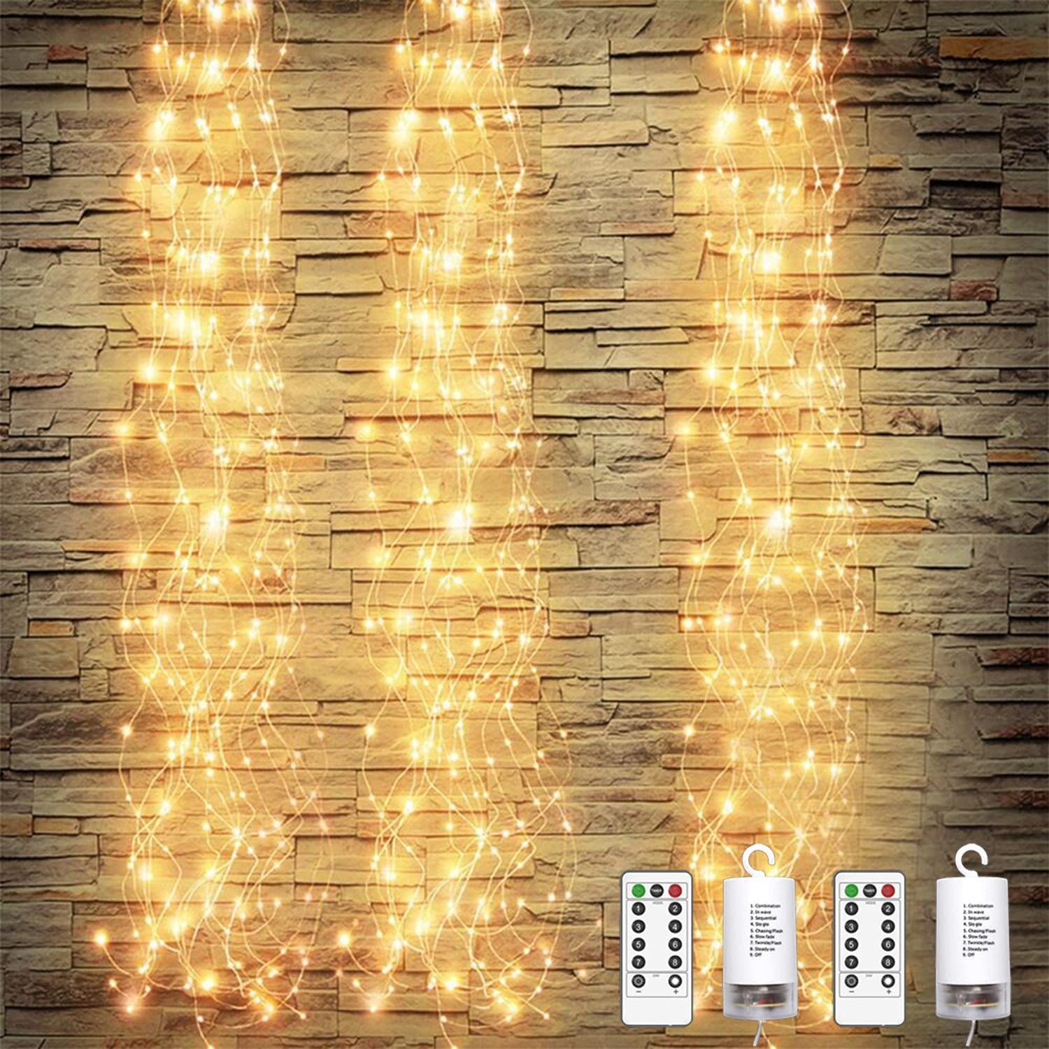 2 Pack 250 LED Fairy Lights with Remote - Battery Operated Waterproof Twinkle Lights, 8.2ft Waterfall Firefly Lights for Outdoor Garden, Wedding, Birthday & Christmas Decorations (Warm White) - Perfect for Patio, Backyard, Party and Holiday Lighting
