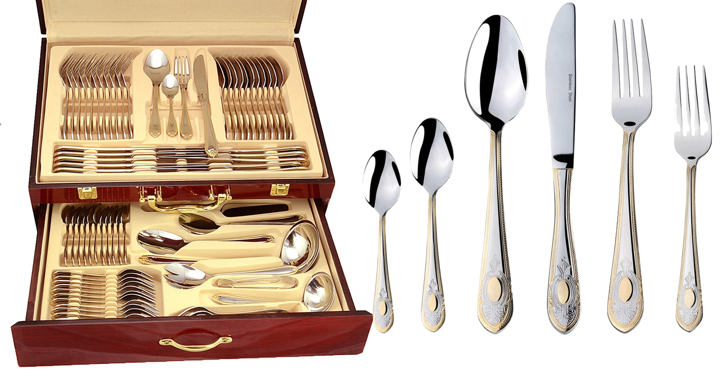 Venezia Collection Medallion 75-Piece Stainless Steel Flatware Set - 18/10 Surgical Grade Cutlery with 24K Gold Accents, 12-Person Dining Service & Hostess Serving Pieces in Wooden Storage Case - Elegant Table Setting for Weddings, Dinner Parties & Holiday Entertaining