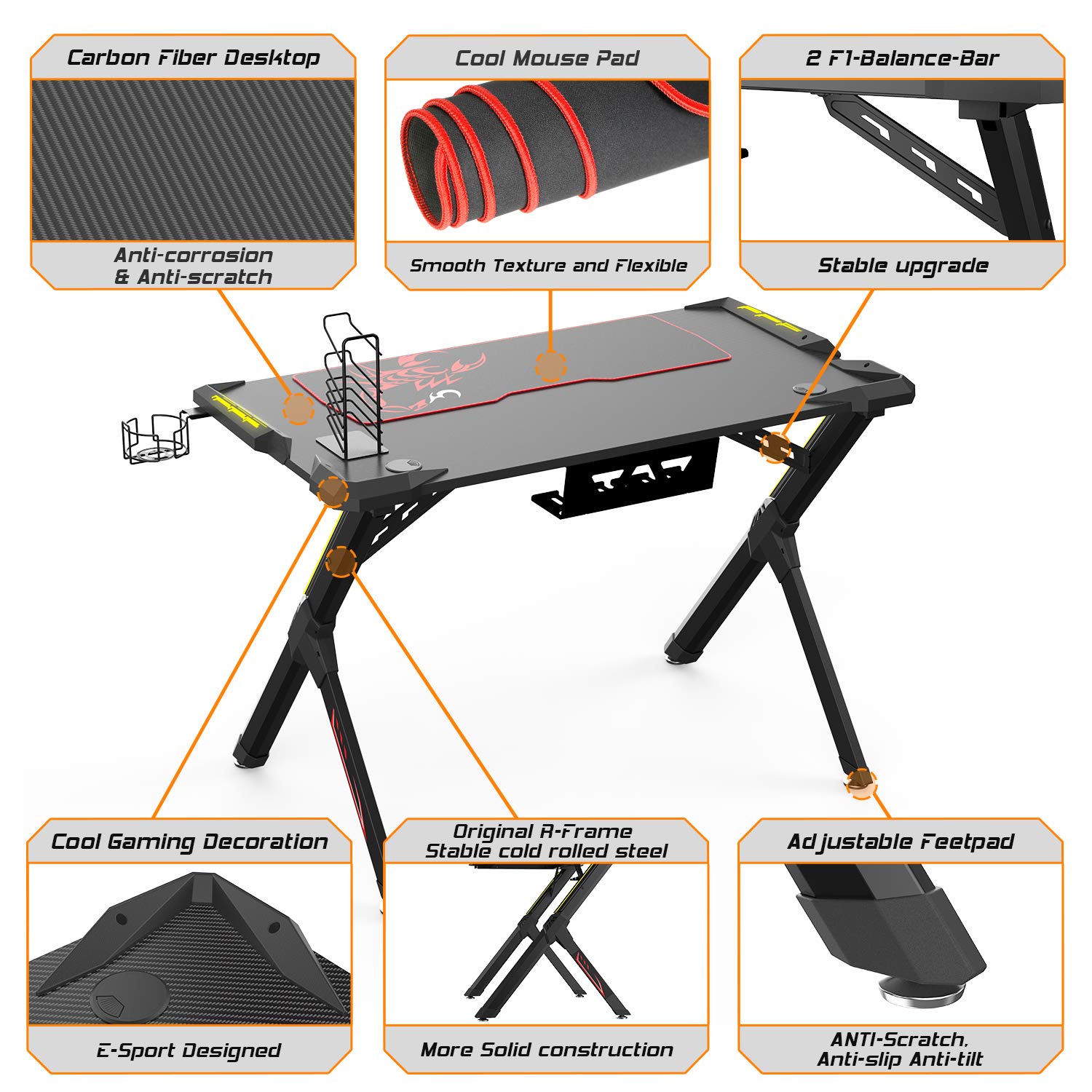 44.8 Inch DESIGNA LED Gaming Desk with USB Handle Rack - Ergonomic E-Sport Computer Desk with Free Mouse Pad, Cup Holder & Headphone Hook for Home Office - Perfect for PC Gaming, Streaming & Work Setup (Black)