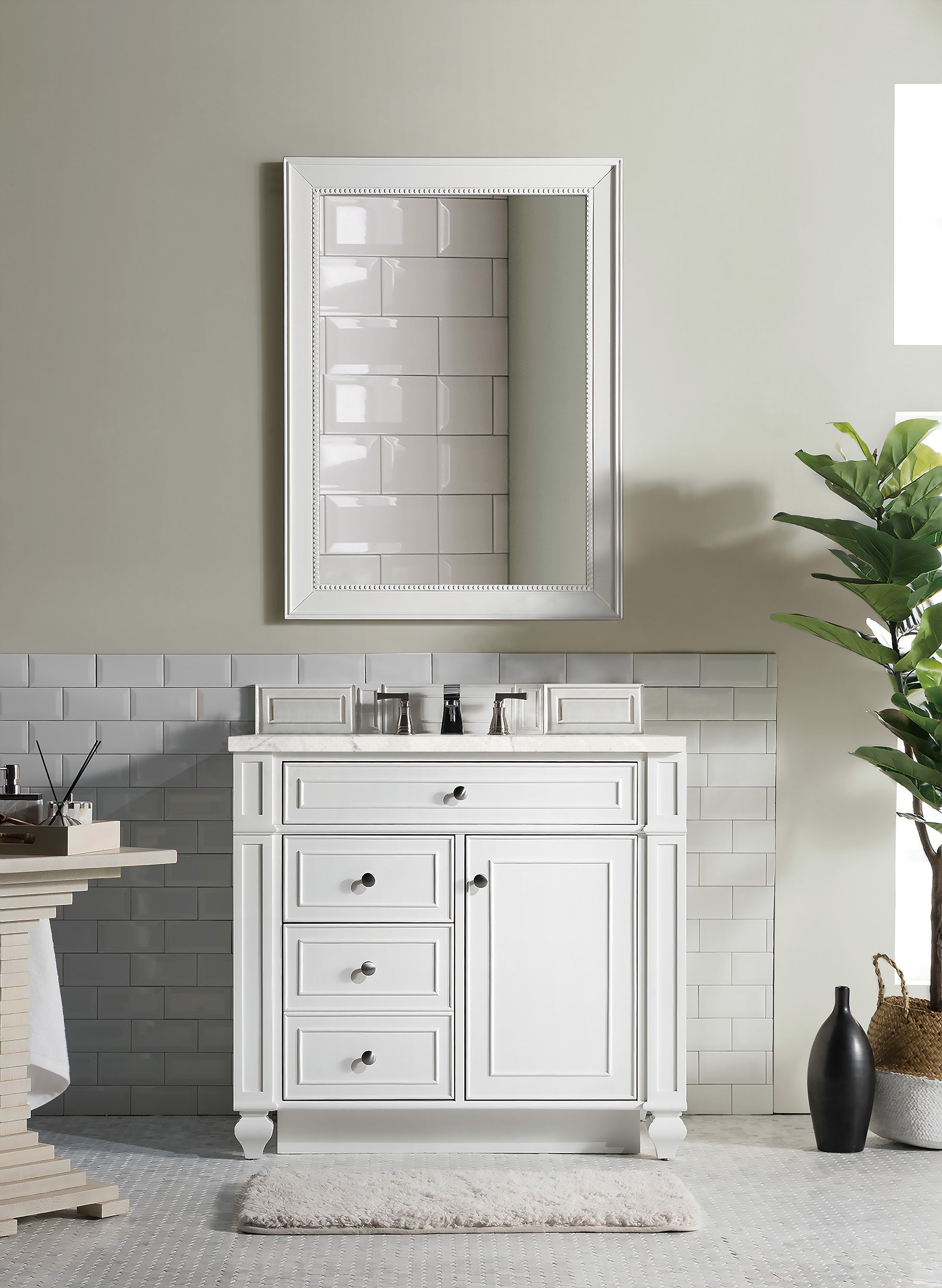 Bristol 36 Inch Single Bathroom Vanity Set with Eternal Jasmine Pearl Quartz Top in Bright White - Perfect for Modern Master Bathrooms and Powder Rooms