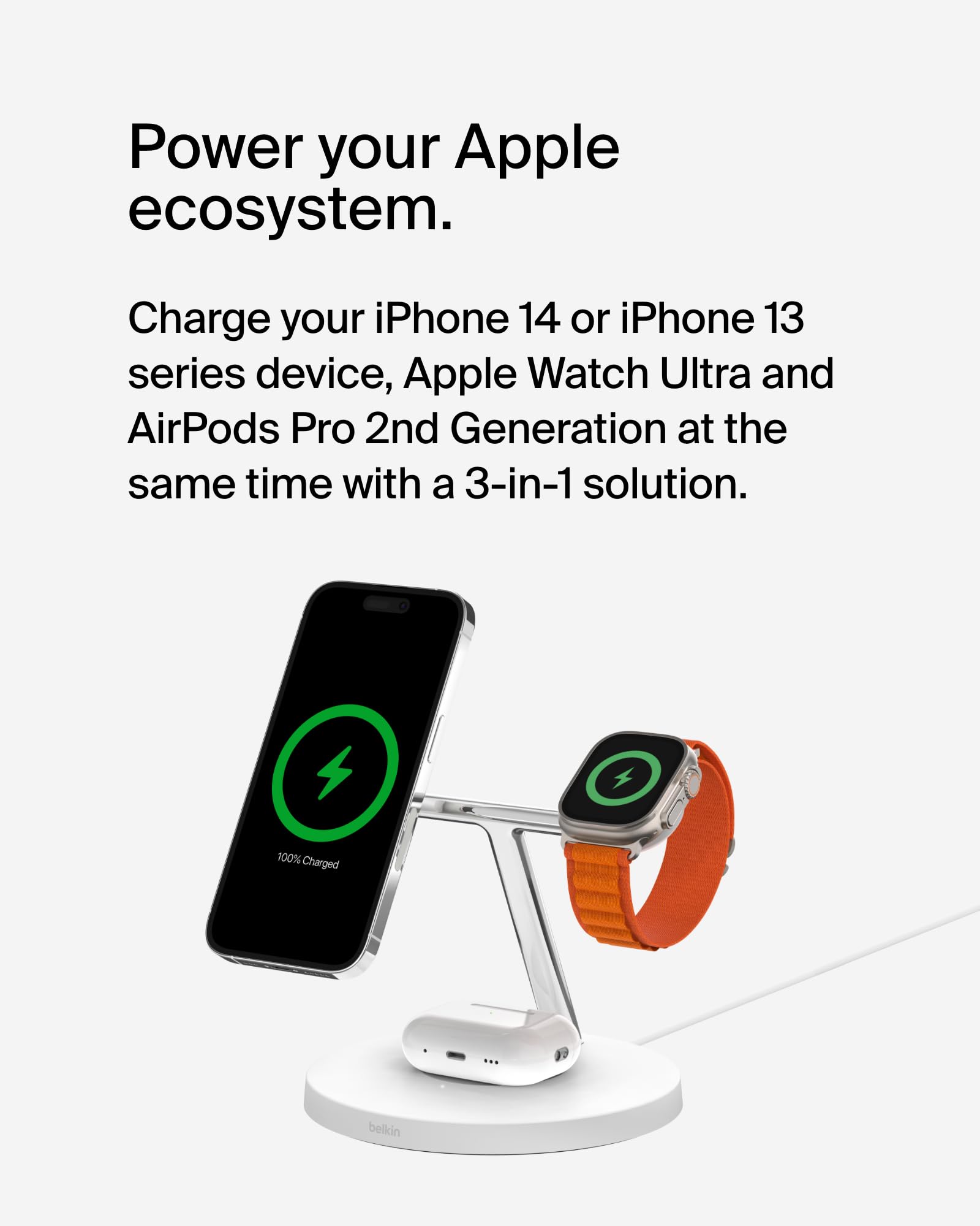 Belkin MagSafe 3-in-1 Wireless Charging Stand (2nd Gen) - 33% Faster Charging for iPhone 16/15/14 Series, Apple Watch & AirPods - Multi-Device MagSafe Charging Station (White) - Perfect for Bedside, Office Desk & Travel Accessories