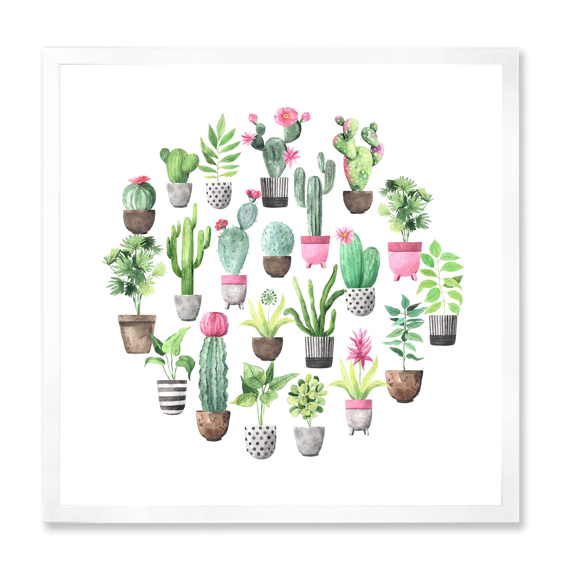 DesignQ Cacti in Ceramic Pots - Gentle Tone Traditional Framed Wall Art for Living Room, Bedroom & Office Decor