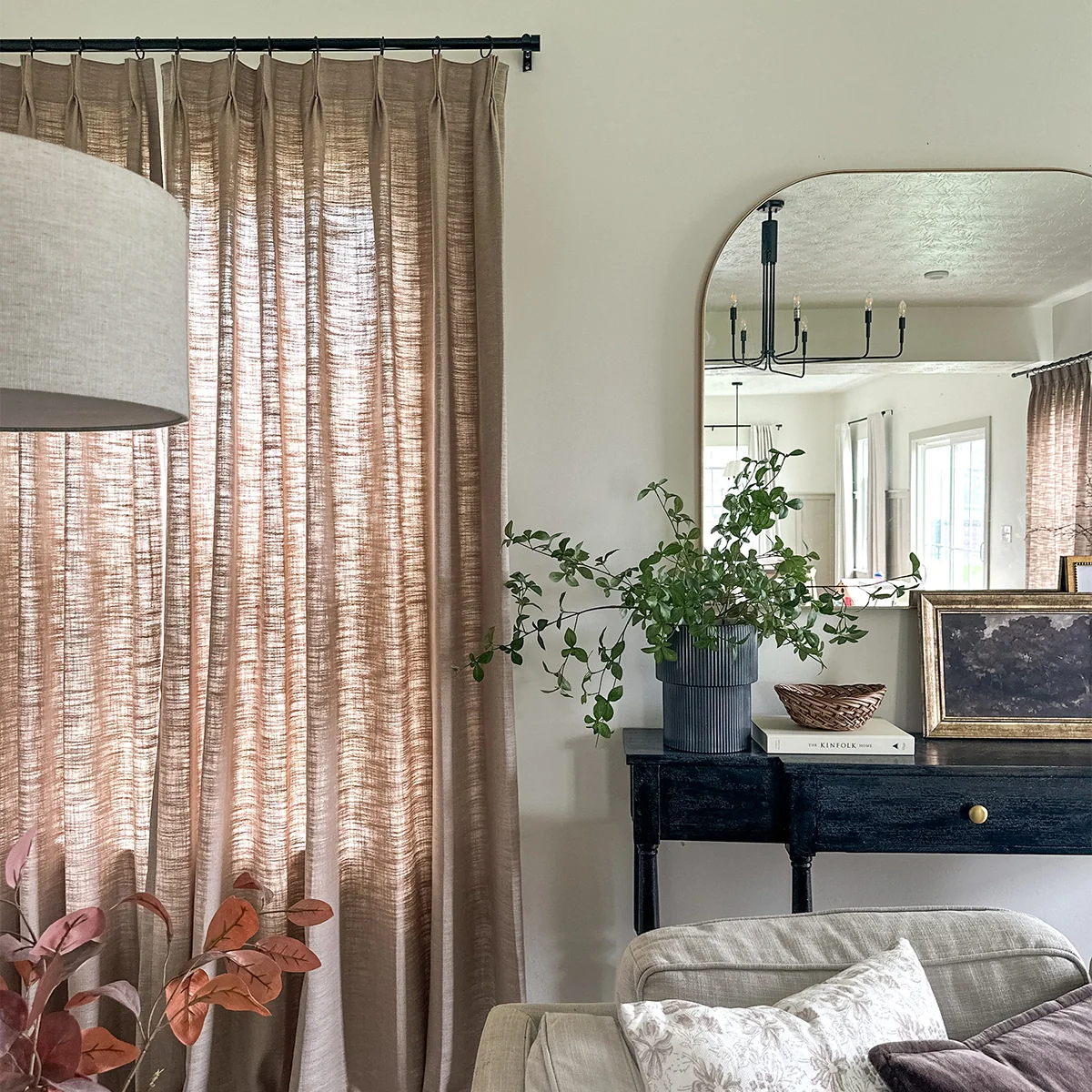 Pinch Pleated Blackout Curtains - Linen Memory Fabric, Natural Oak & Dim Grey - Modern Custom Drapes for Living Room & Bedroom - Light Blocking & Noise Reducing Window Treatments
