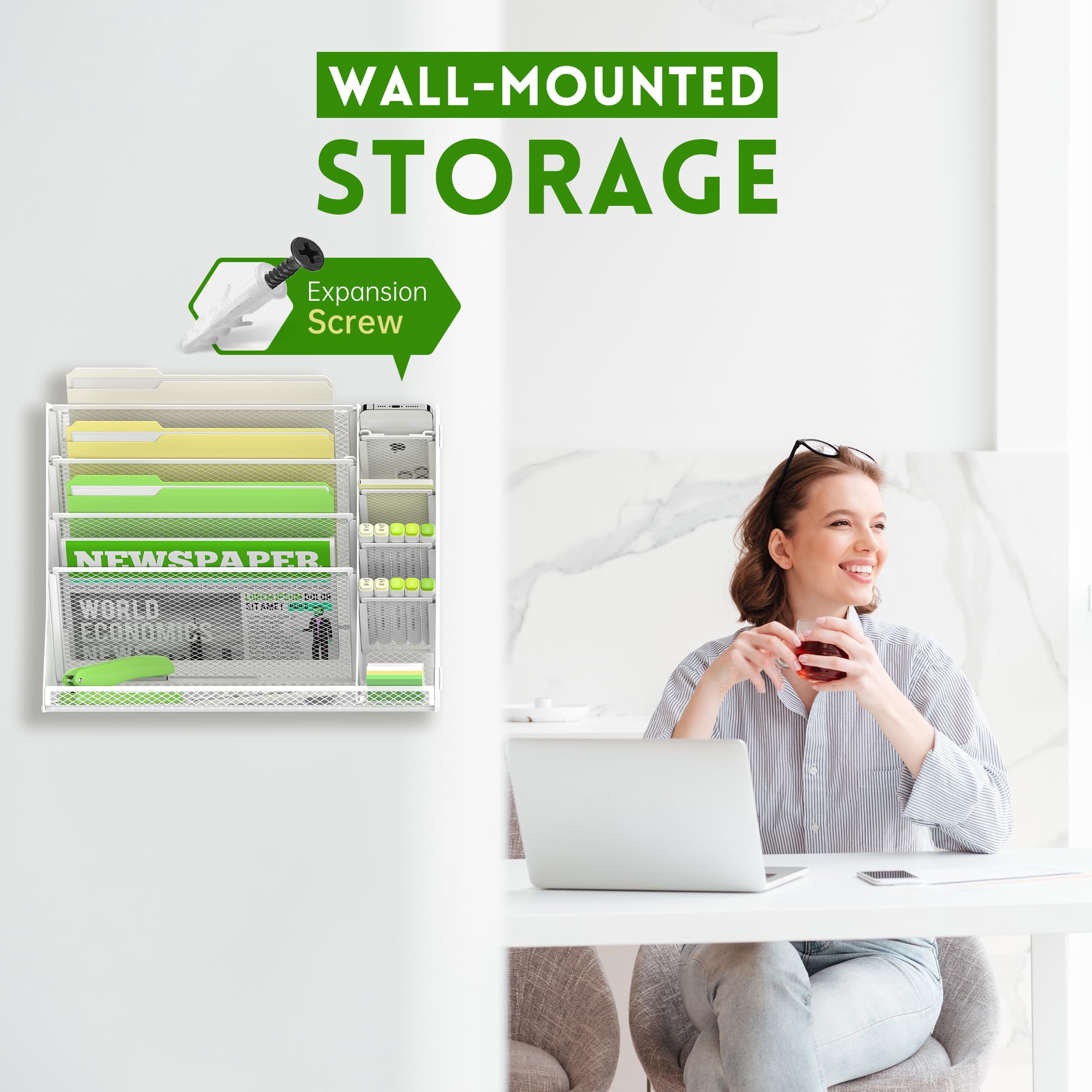 SUPEASY 5-Tier Wall File Organizer with 4 Pen Holders & R-Shaped Bottom Tray - White Office Desk Organizer for Documents, Papers & Supplies - Perfect for Home Office, Workspace & School Organization