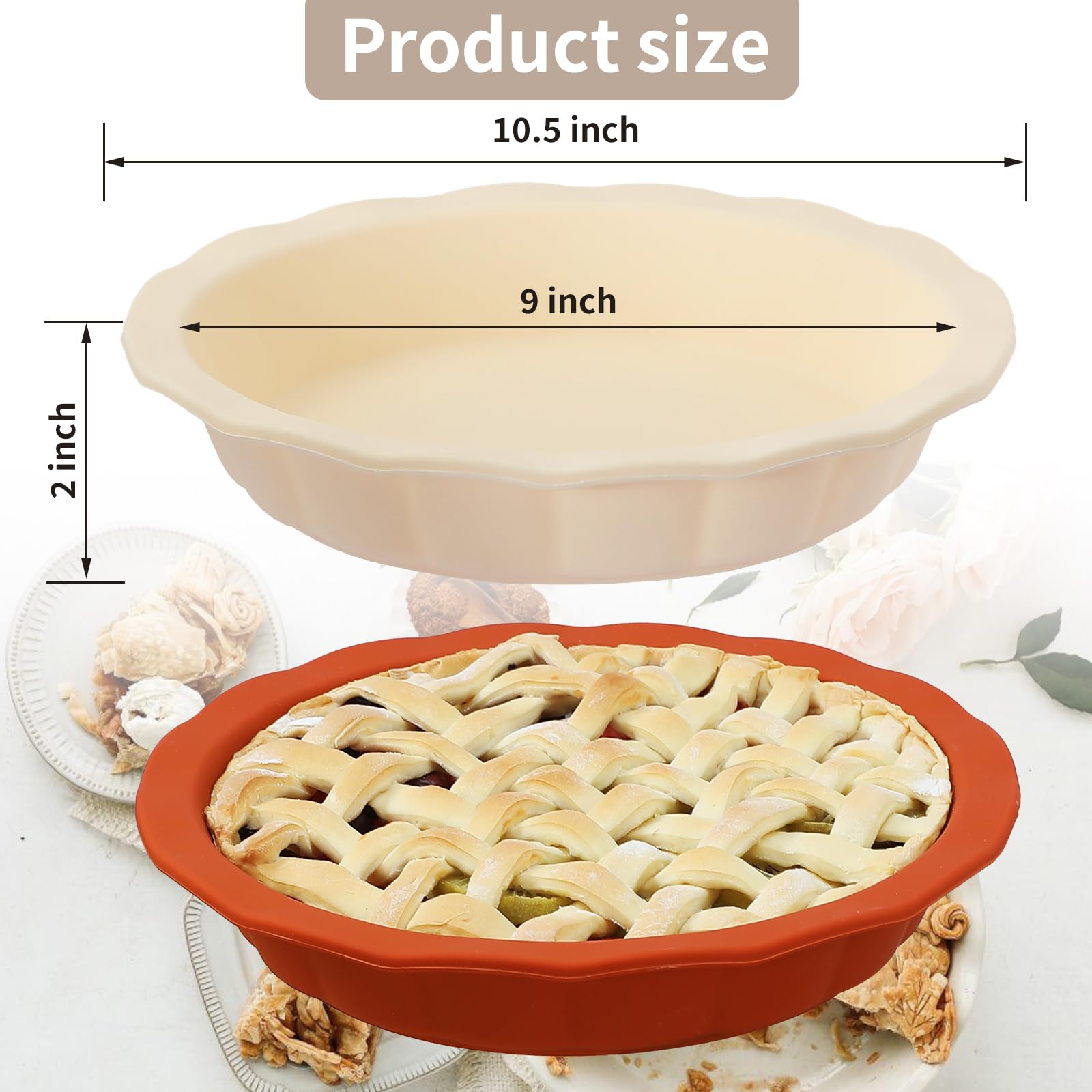9-Inch Silicone Pie Pans for Baking - Dishwasher & Microwave Safe with Corrugated Edge (Red & Beige) | Perfect for Thanksgiving, Christmas Desserts & Family Baking