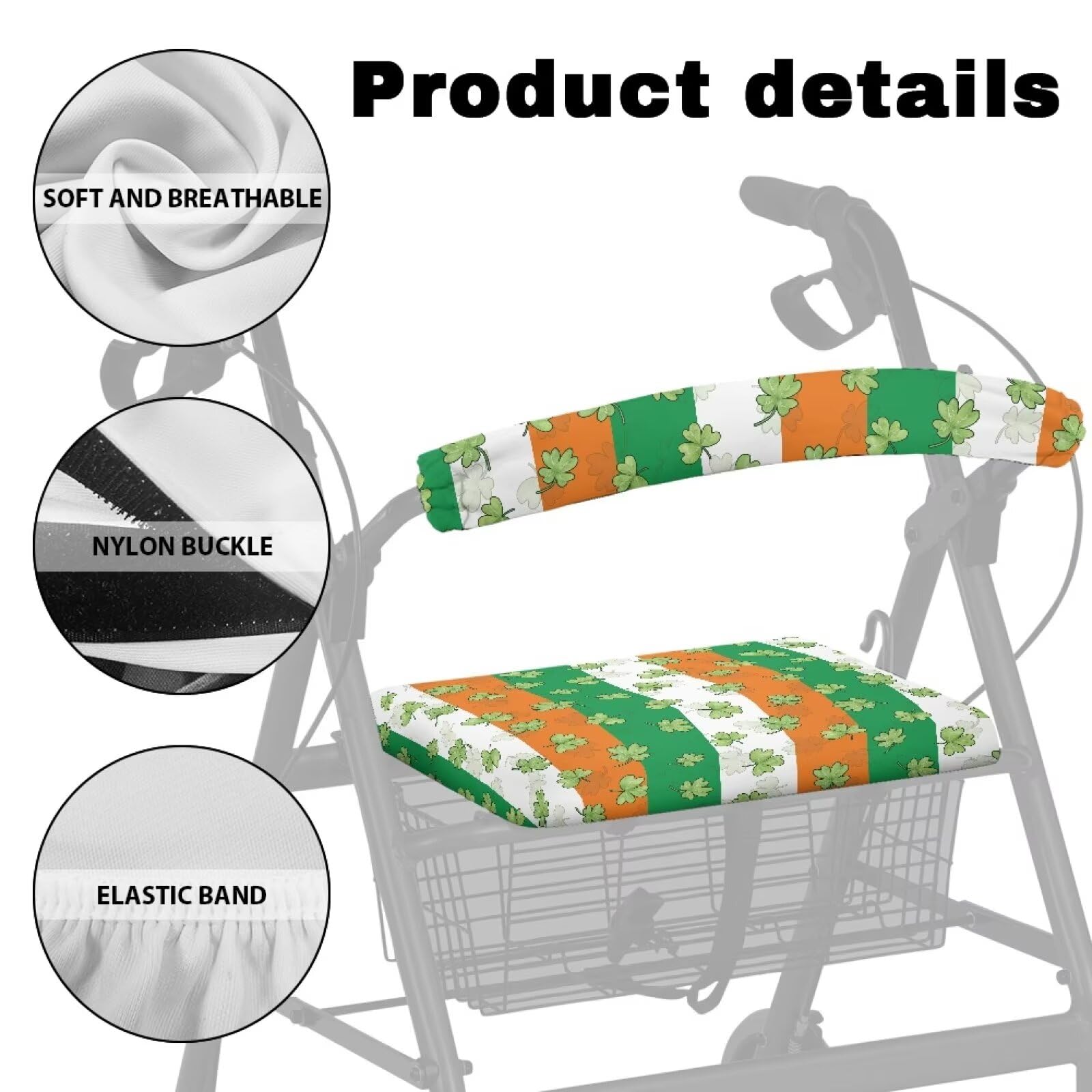 St. Patrick's Day Rollator Walker Accessories - Irish Flag & Clover Seat Covers for Seniors & Ladies - Universal Walker Seat & Backrest Covers - Perfect for St. Patrick's Day Parades, Nursing Homes & Mobility Support