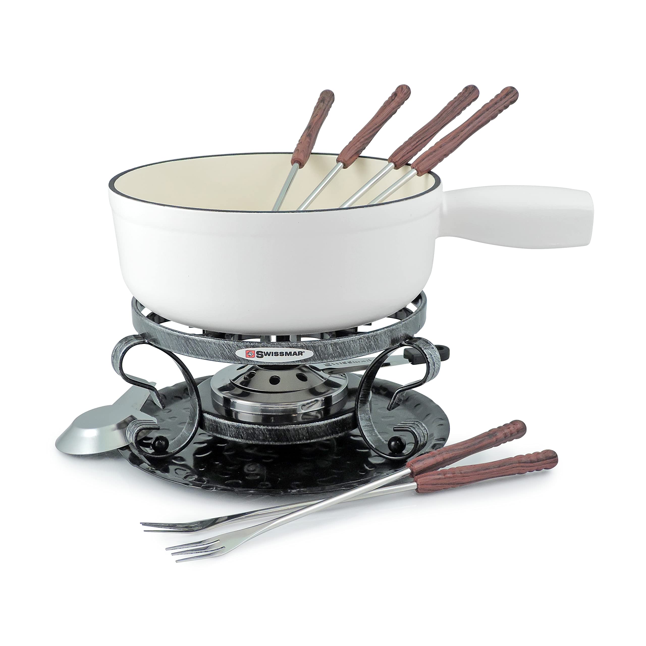 Swissmar Lugano 9-Piece Cast Iron Fondue Set - Matte White | Premium Cheese & Chocolate Fondue Pot for Parties, Romantic Dinners & Family Gatherings